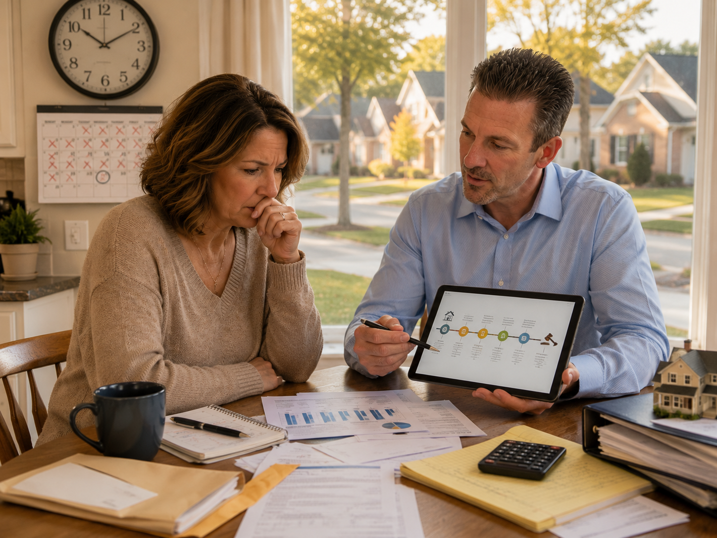 Kansas City homeowner reviewing Missouri foreclosure timeline documents with a real estate advisor, showing calendar deadlines, mortgage paperwork, and equity strategy discussion.