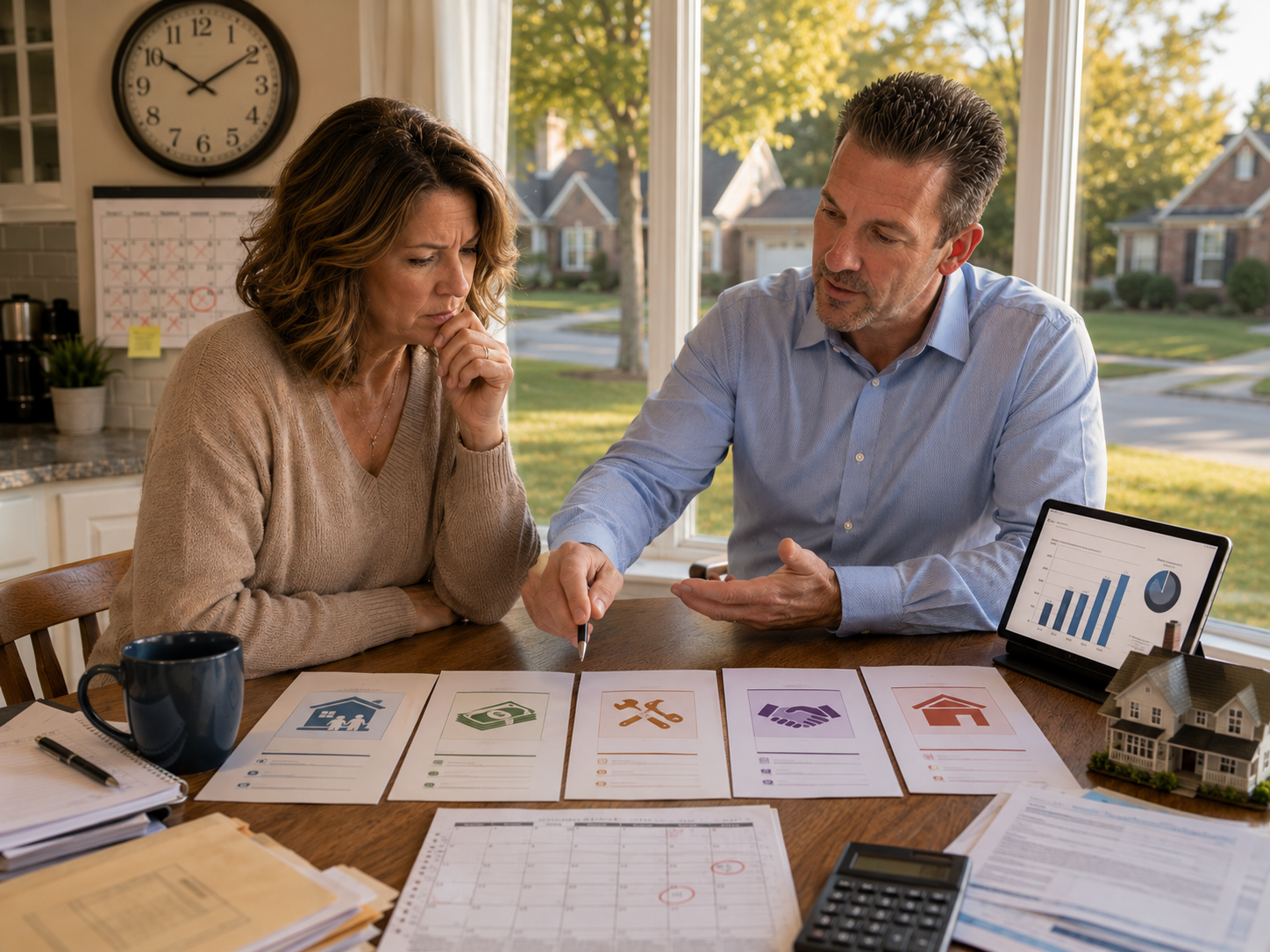 Kansas City homeowner reviewing foreclosure prevention options with a real estate advisor, showing sale, cash offer, repair, lender workout, and last-resort strategy cards before trustee sale.