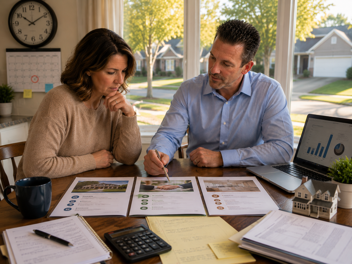 Liberty Missouri homeowner reviewing pre-foreclosure sale options with a real estate advisor, comparing pricing strategies, equity, offer documents, and timeline before trustee sale.