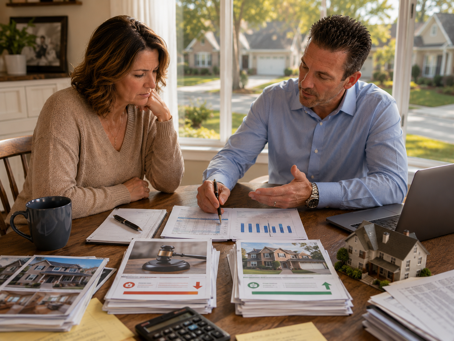 Kansas City homeowner comparing auction value versus retail sale options with a real estate advisor, showing investor pricing math, equity strategy, and foreclosure timeline documents.