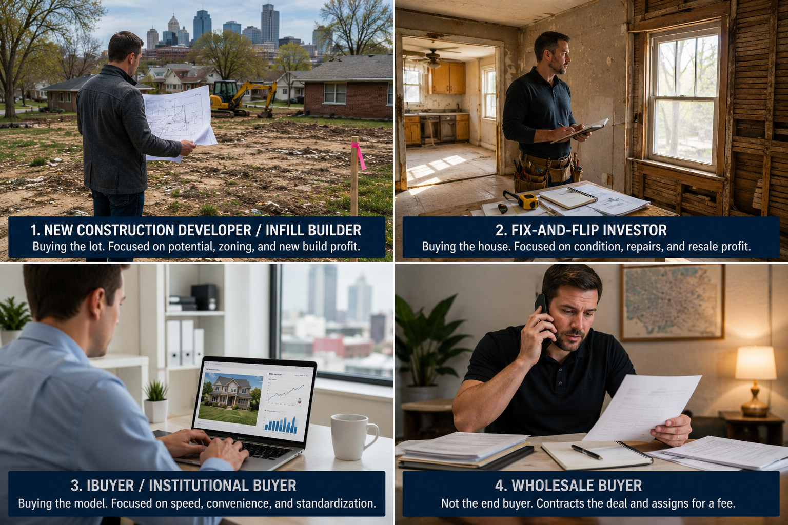 Four-panel real estate graphic showing the four types of cash buyers in Kansas City, including new construction developers, fix-and-flip investors, iBuyers, and wholesale buyers. Four-panel real estate graphic showing the four types of cash buyers in Kansas City, including new construction developers, fix-and-flip investors, iBuyers, and wholesale buyers.