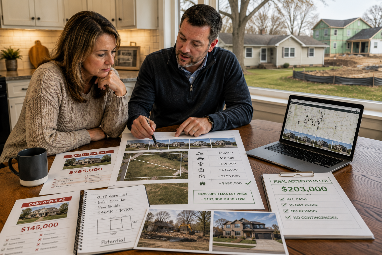 Northland Kansas City homeowner reviewing cash offers, infill development potential, lot value, and redevelopment strategy with a real estate agent to identify the right buyer type. Northland Kansas City homeowner reviewing cash offers, infill development potential, lot value, and redevelopment strategy with a real estate agent to identify the right buyer type.