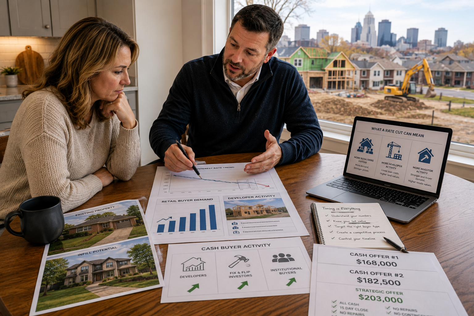 Kansas City homeowner reviewing interest rate trends, cash buyer activity, developer demand, and real estate timing strategy with a professional real estate advisor. Kansas City homeowner reviewing interest rate trends, cash buyer activity, developer demand, and real estate timing strategy with a professional real estate advisor.
