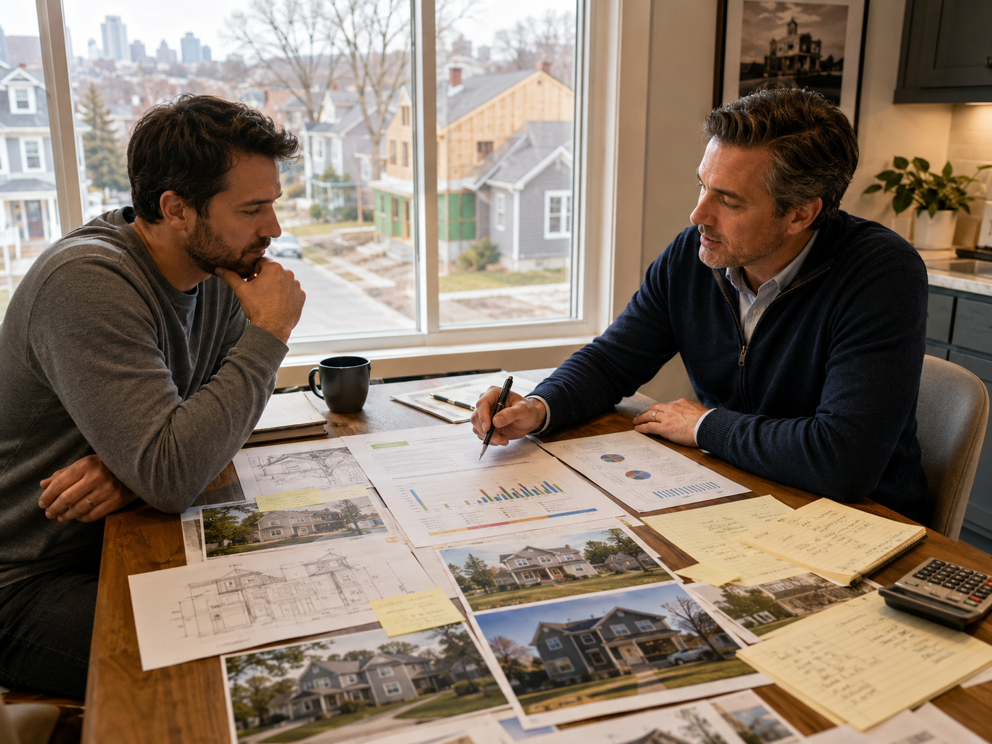 Kansas City homeowner reviewing cash buyer offer formulas, renovation costs, redevelopment value, and property pricing strategy with a real estate advisor. Kansas City homeowner reviewing cash buyer offer formulas, renovation costs, redevelopment value, and property pricing strategy with a real estate advisor.