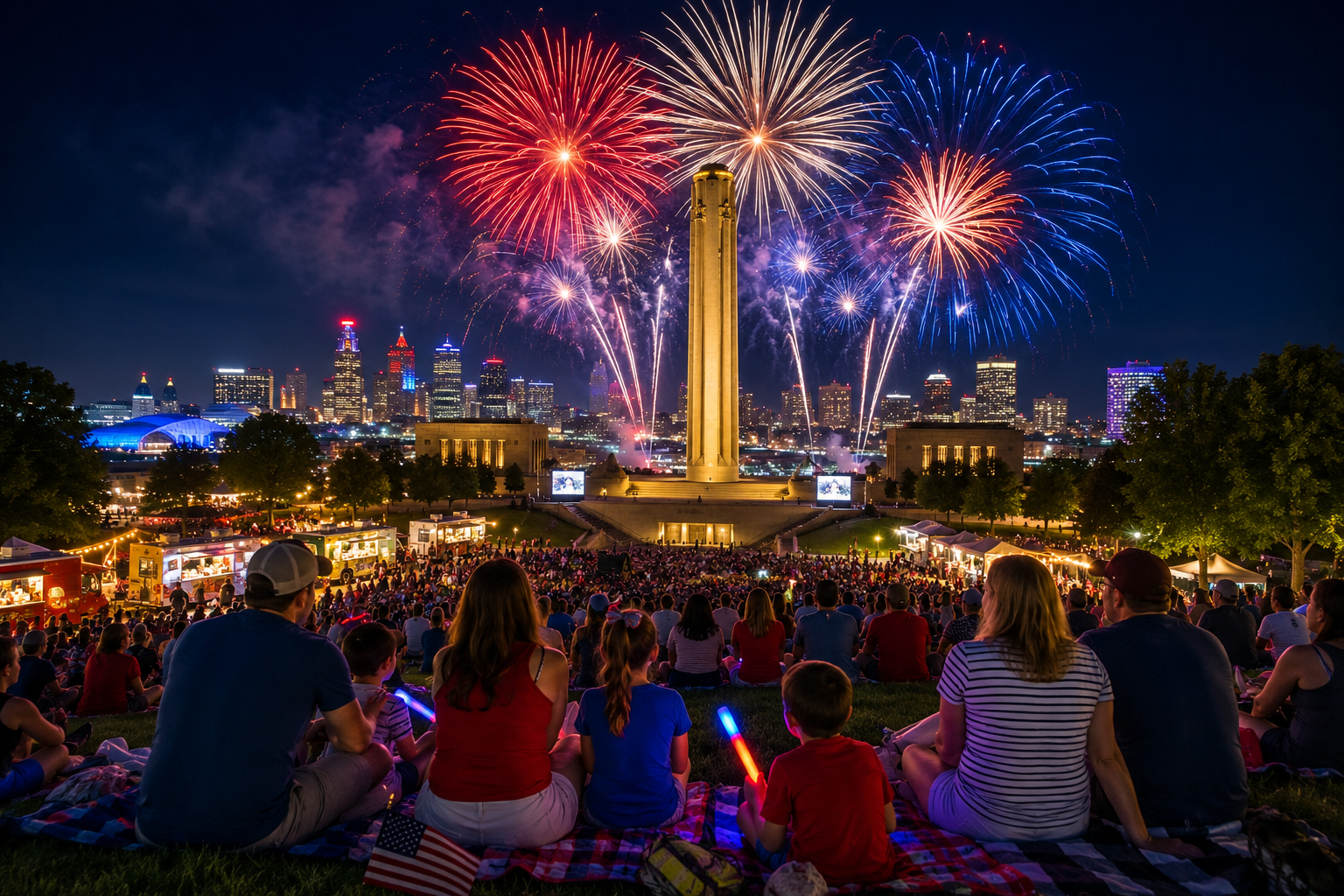 Families watch Fourth of July fireworks over the Liberty Memorial and Kansas City skyline during a patriotic summer celebration at Penn Valley Park. Families watch Fourth of July fireworks over the Liberty Memorial and Kansas City skyline during a patriotic summer celebration at Penn Valley Park.
