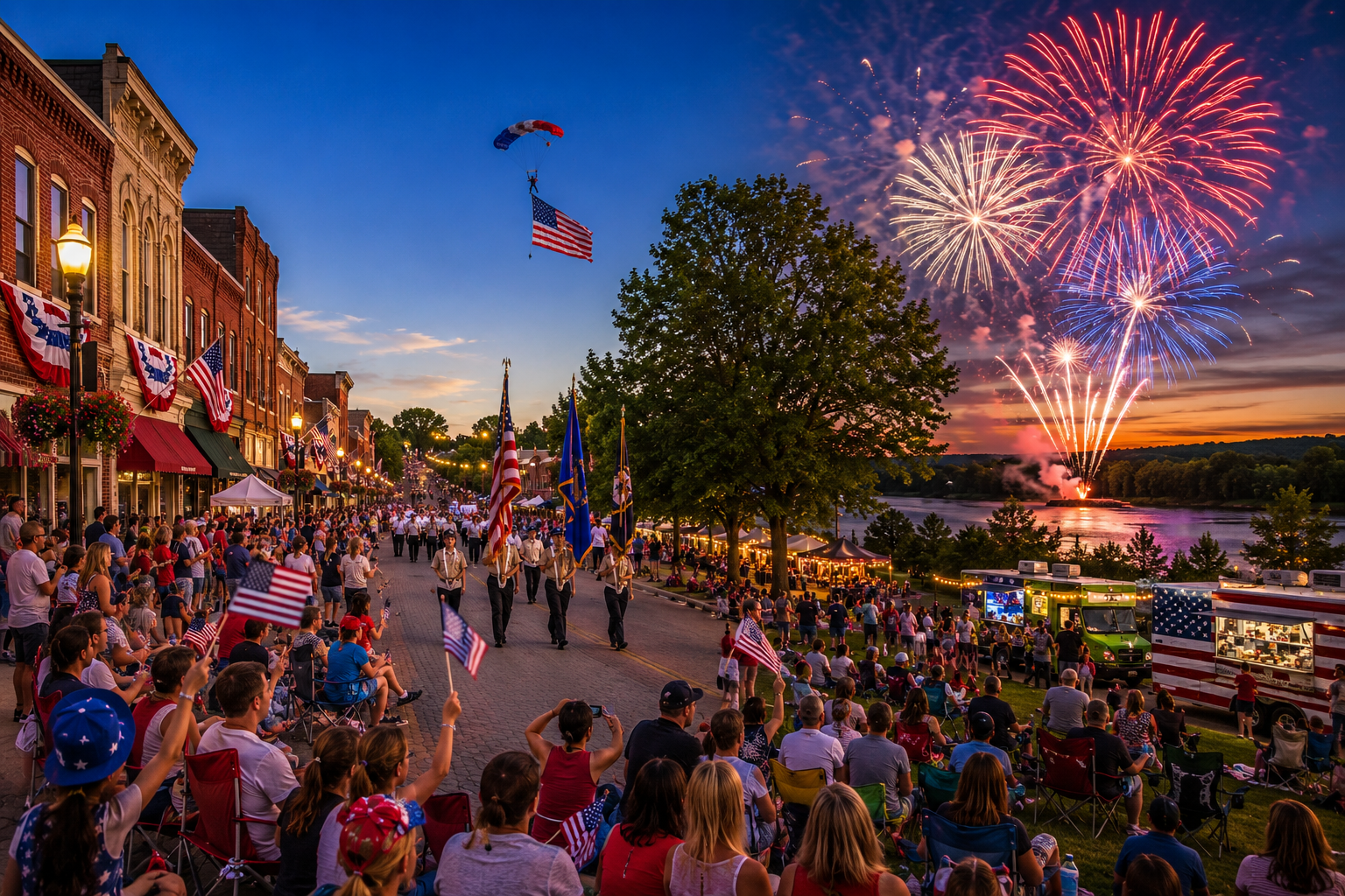 Families celebrate Fourth of July in historic downtown Parkville with a patriotic parade, food trucks, skydiver, and fireworks over the Missouri River. Families celebrate Fourth of July in historic downtown Parkville with a patriotic parade, food trucks, skydiver, and fireworks over the Missouri River.