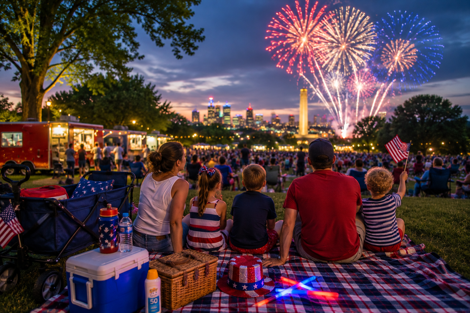Kansas City family watches Fourth of July fireworks from a grassy park with picnic gear, glow sticks, food trucks, and patriotic decorations. Kansas City family watches Fourth of July fireworks from a grassy park with picnic gear, glow sticks, food trucks, and patriotic decorations.