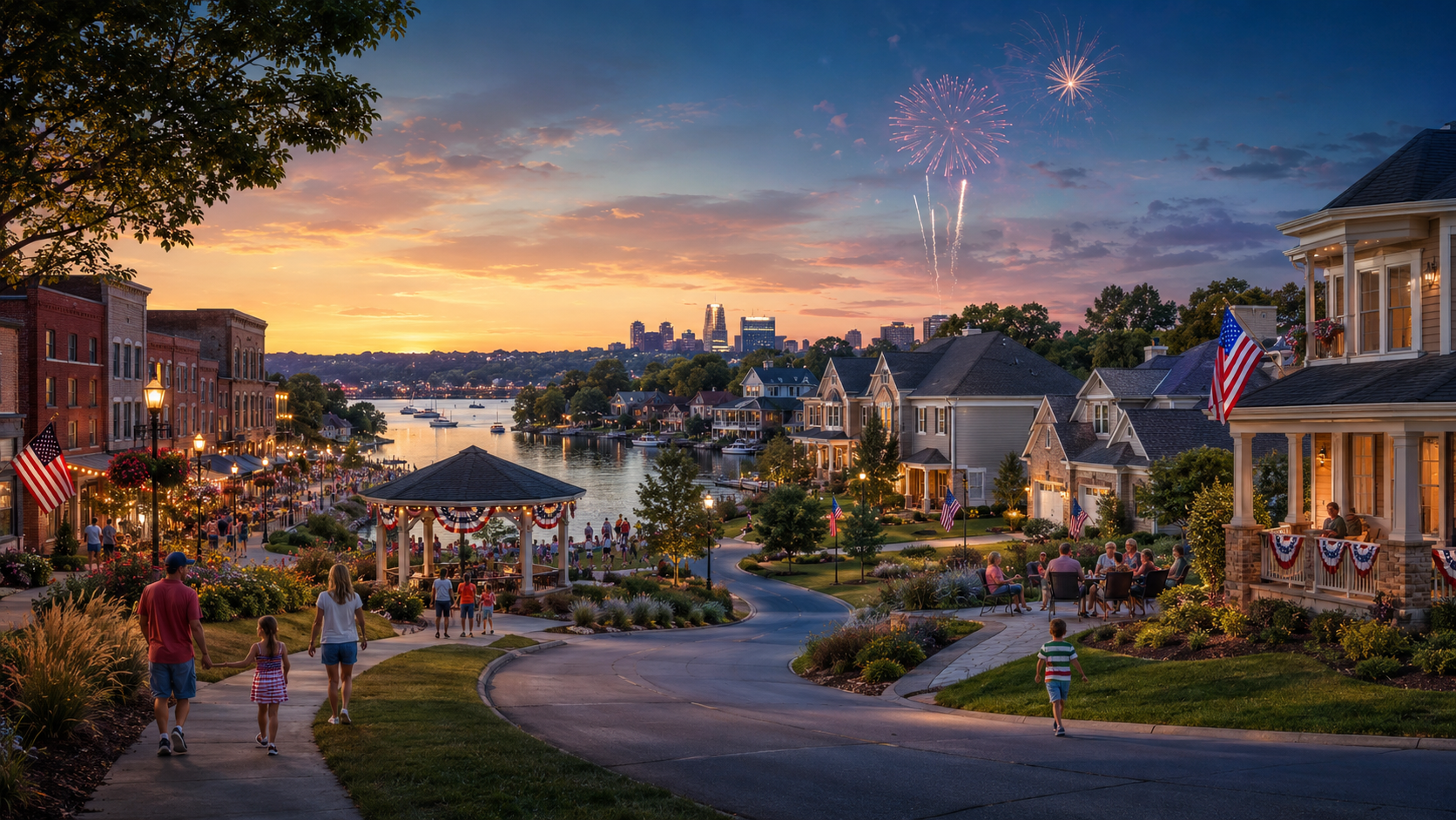 Kansas City Fourth of July neighborhood scene with fireworks, lakefront homes, historic downtown, and family-friendly suburban community lifestyle. Kansas City Fourth of July neighborhood scene with fireworks, lakefront homes, historic downtown, and family-friendly suburban community lifestyle.