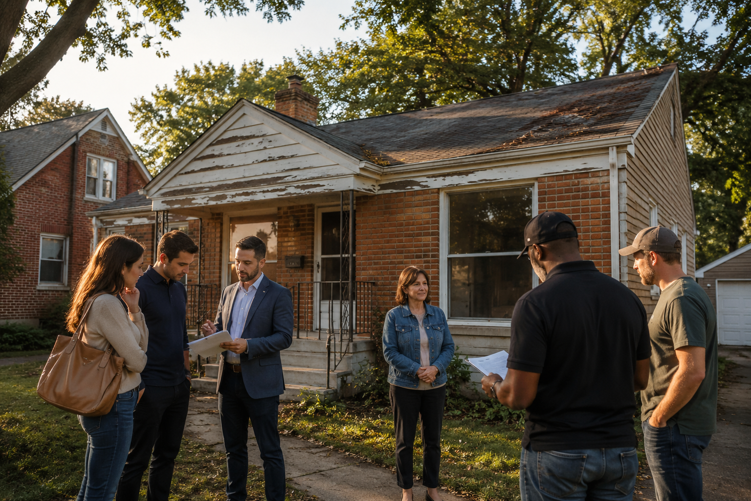 As-is Kansas City home sale with interested buyers and real estate agent outside a dated brick ranch in a mature neighborhood. As-is Kansas City home sale with interested buyers and real estate agent outside a dated brick ranch in a mature neighborhood.
