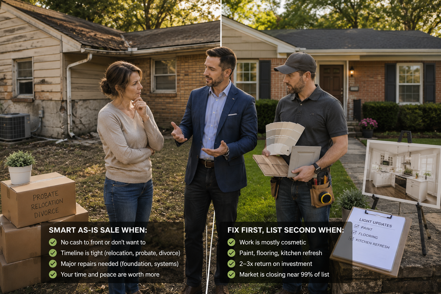 Kansas City as-is home sale comparison showing when selling as-is makes sense versus when cosmetic updates can increase seller value. Kansas City as-is home sale comparison showing when selling as-is makes sense versus when cosmetic updates can increase seller value.