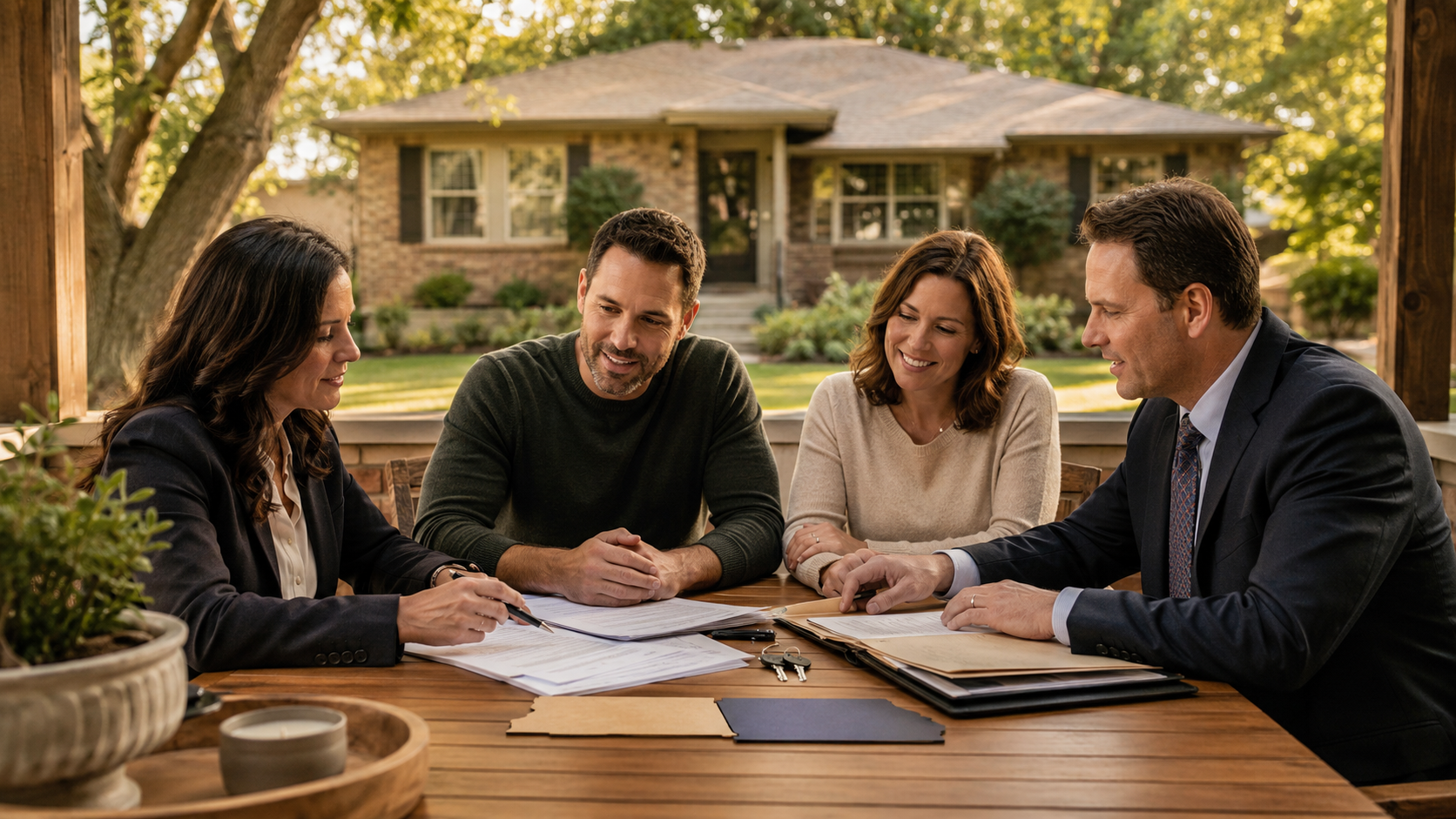 Kansas City probate real estate consultation with heirs, attorney, and agent reviewing inherited home paperwork outside a ranch house.