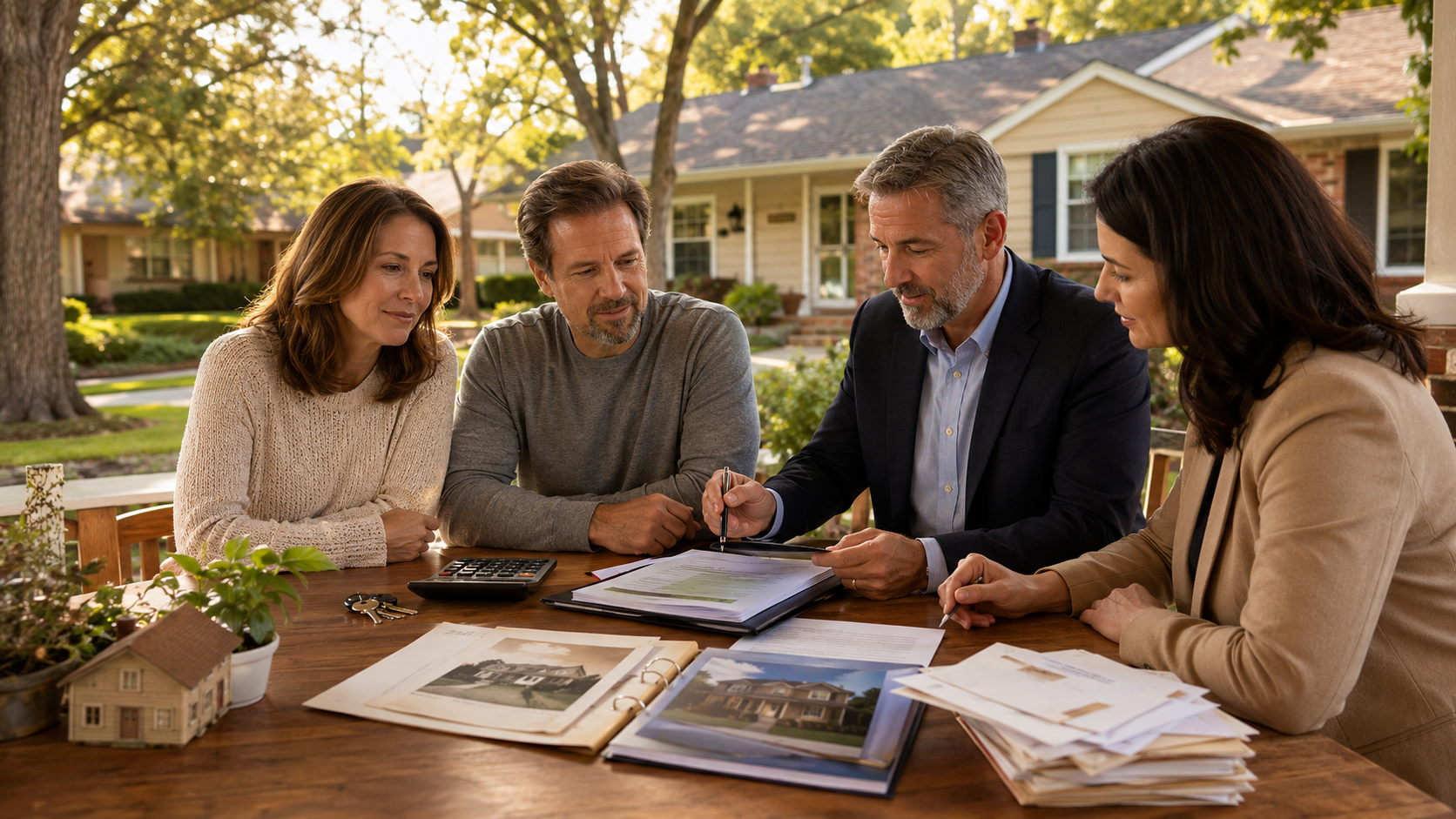 Kansas City heirs reviewing inherited home tax obligations, step-up in basis valuation, and property tax documents with real estate and tax advisors.