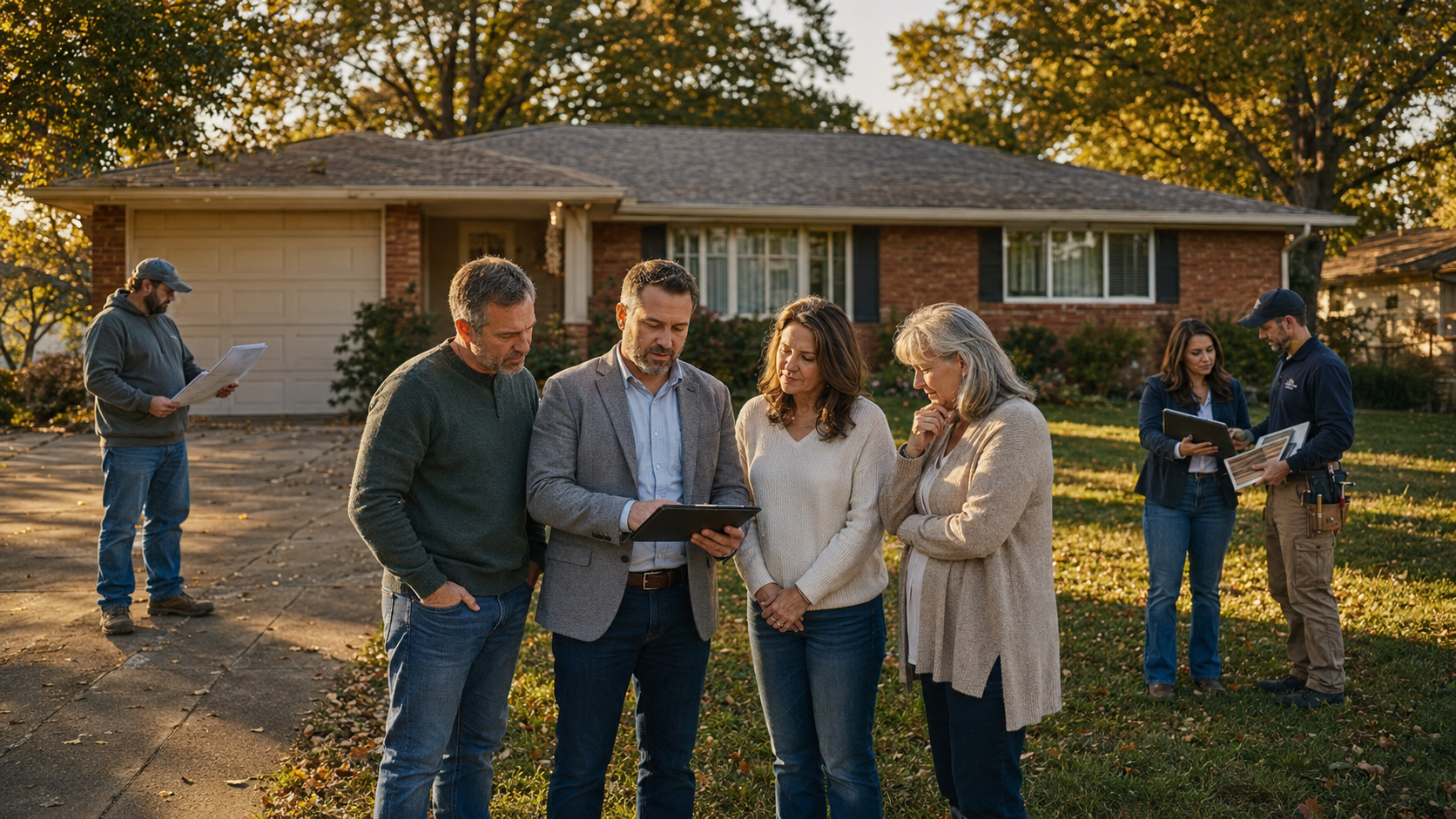 Three adult siblings review probate home-selling options with a trusted Kansas City Northland real estate advisor in front of their inherited brick ranch home, comparing a cash offer with a fix-it-and-list-it strategy.