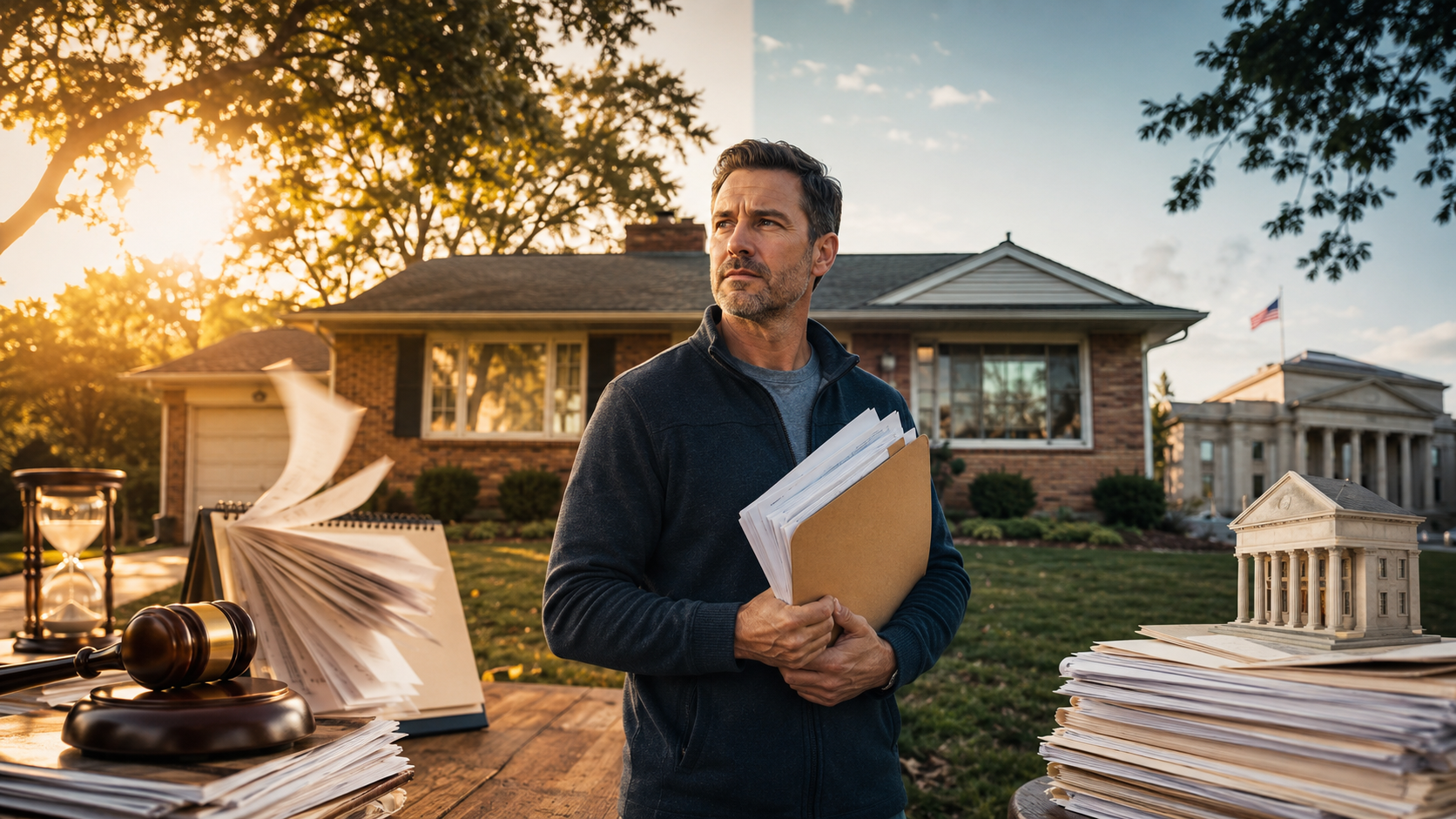 Kansas City homeowner holding foreclosure paperwork in front of a brick ranch home, with legal documents, calendar, gavel, and courthouse imagery representing Missouri and Kansas foreclosure timeline differences.