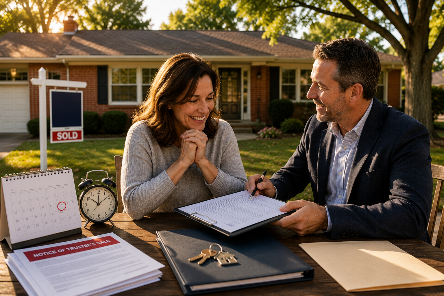 Northland Kansas City homeowner reviews a successful fast home sale with a trusted real estate advisor in front of a brick ranch home, illustrating preserved equity and avoided foreclosure.