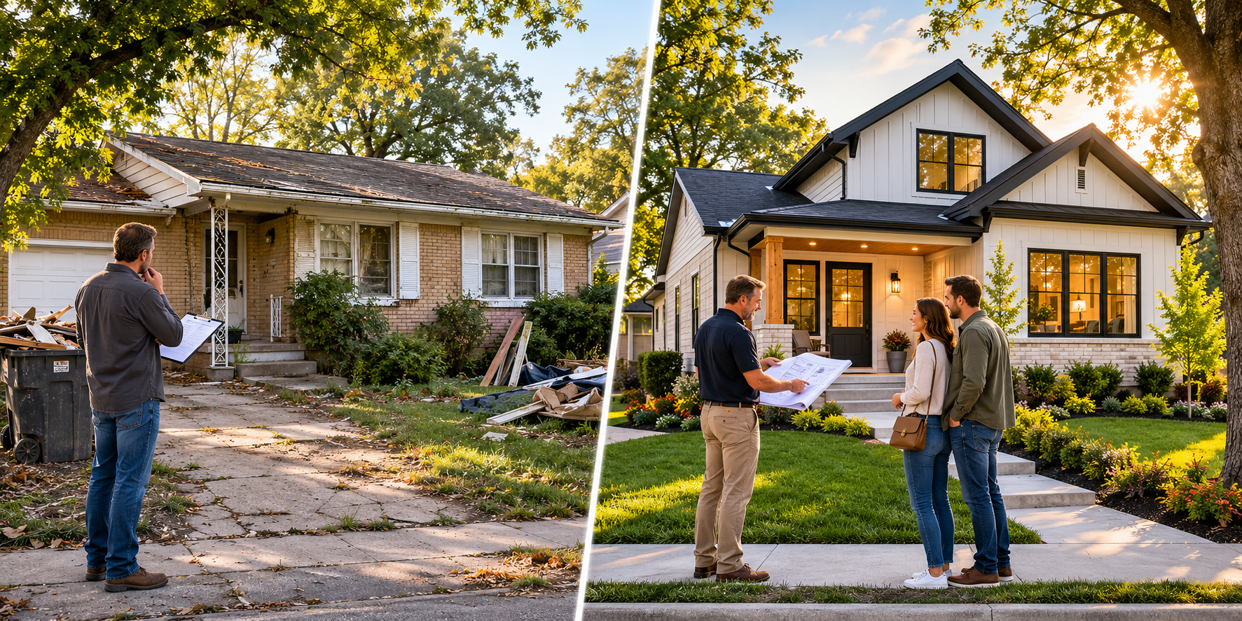 Split-scene Kansas City real estate image showing an older fixer-upper with renovation risk beside a newly built infill home, illustrating the 2026 shift from traditional fix-and-flip investing to new construction.