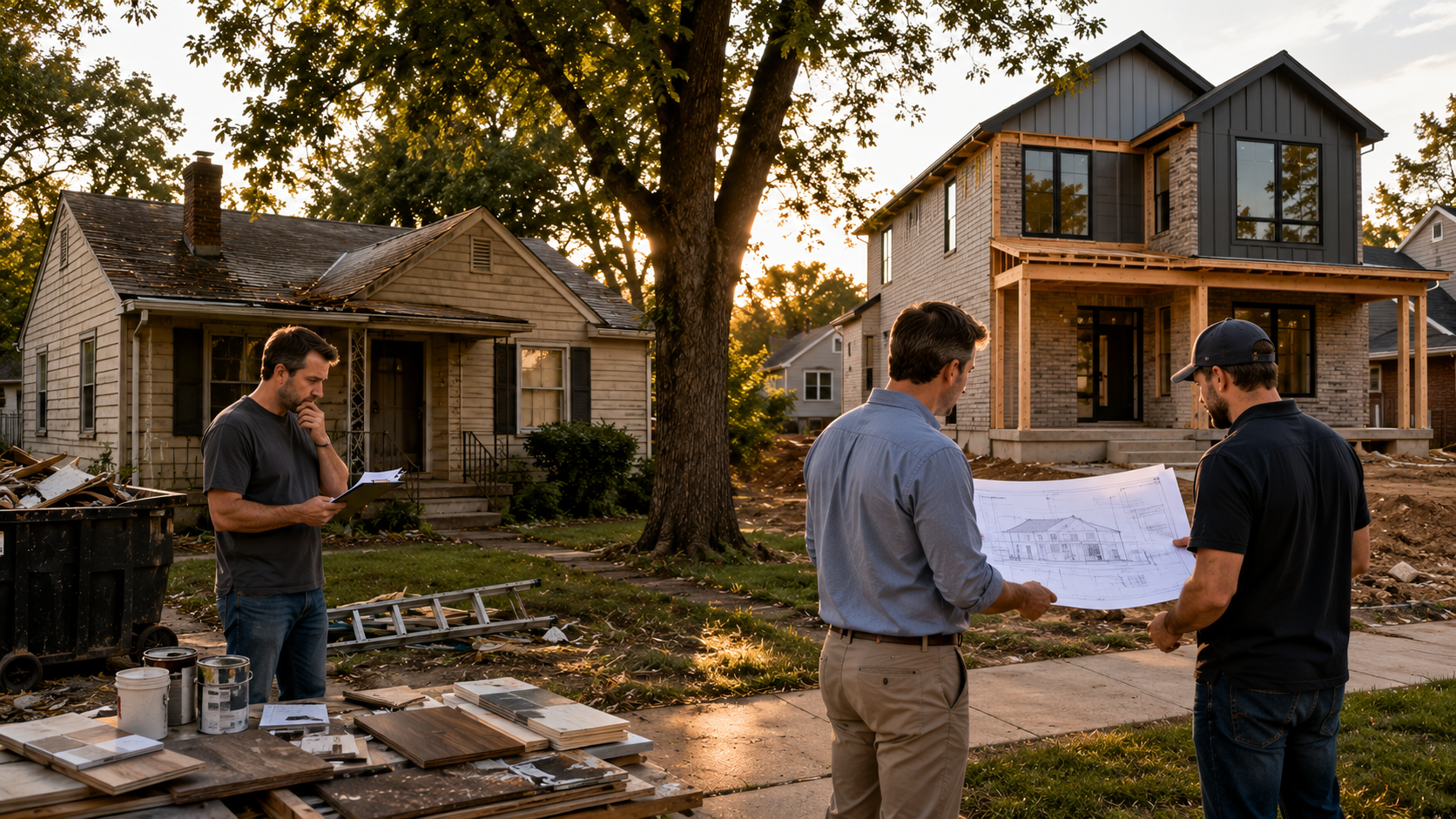 Kansas City investor comparing a dated fixer-upper with tight 70% ARV margins beside builder-developers reviewing plans for a new construction infill home with stronger profit potential.