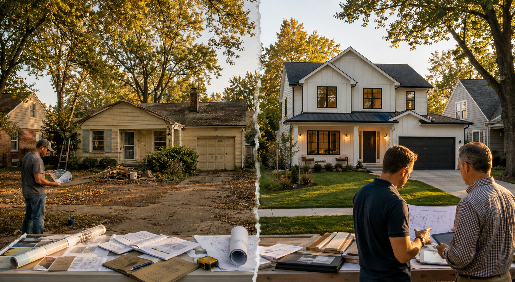 Side-by-side Kansas City infill real estate investment comparison showing a dated 1950s ranch teardown versus a new construction home, with contractors and advisors reviewing plans.