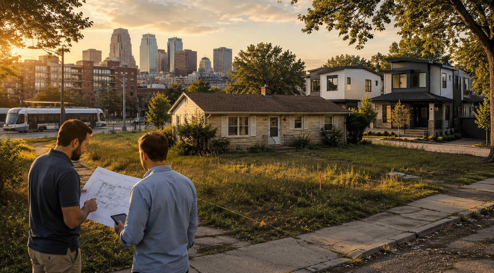 Kansas City infill development opportunity with two developers reviewing site plans on an older residential lot near modern new-build homes, streetcar-adjacent growth, and the downtown skyline at golden hour.