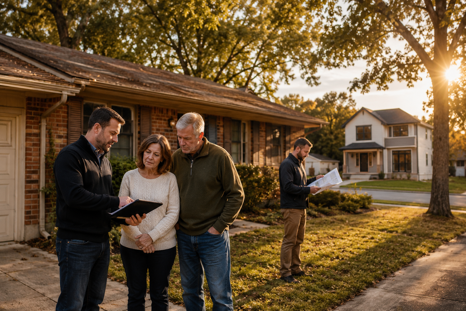 Kansas City cash acquisition advisor reviews options with homeowners in front of a dated brick ranch home, showing off-market deal flow and infill redevelopment potential at golden hour.