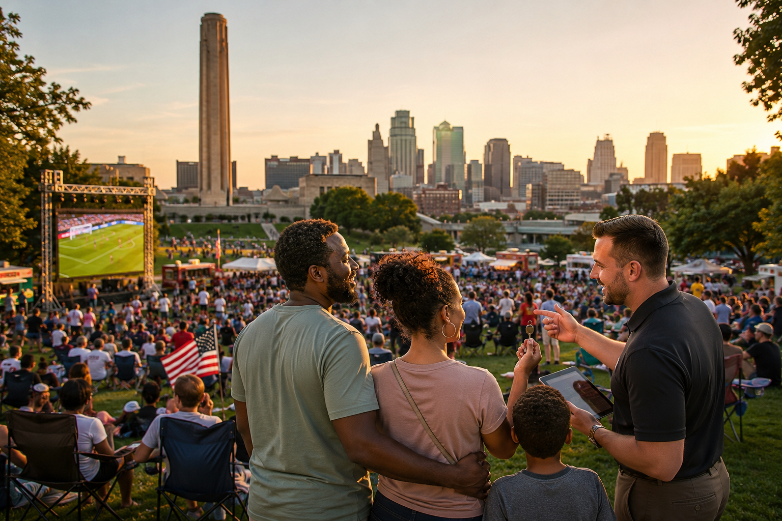 Kansas City skyline at golden hour with a large outdoor soccer watch party, local festival crowd, and a real estate advisor discussing homeownership with a family during the city’s 2026 World Cup excitement.