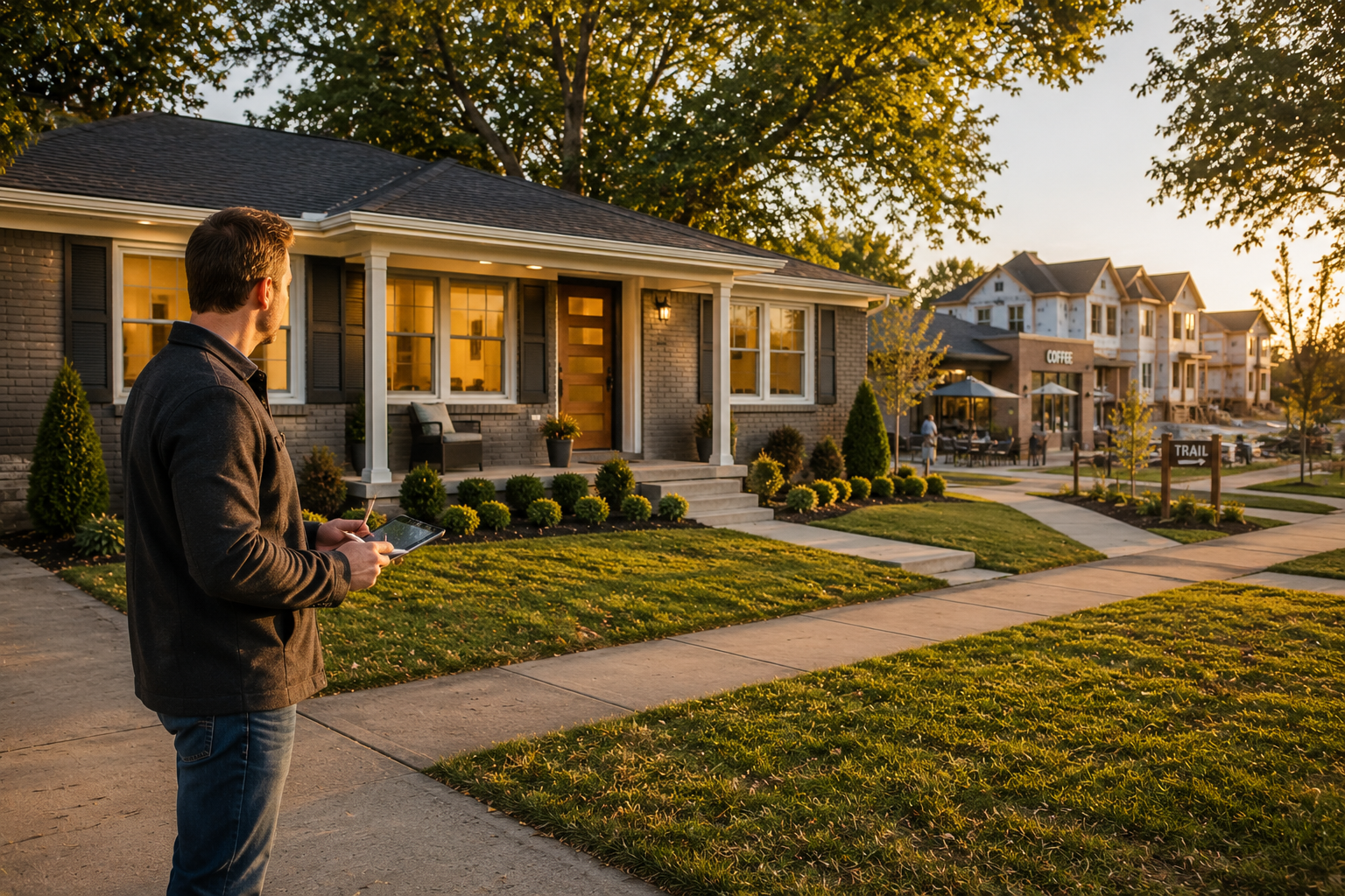 Kansas City Northland builder-agent reviews a renovated ranch flip near a coffee shop, walking trail, and new construction, showing how neighborhood amenities can drive resale value.