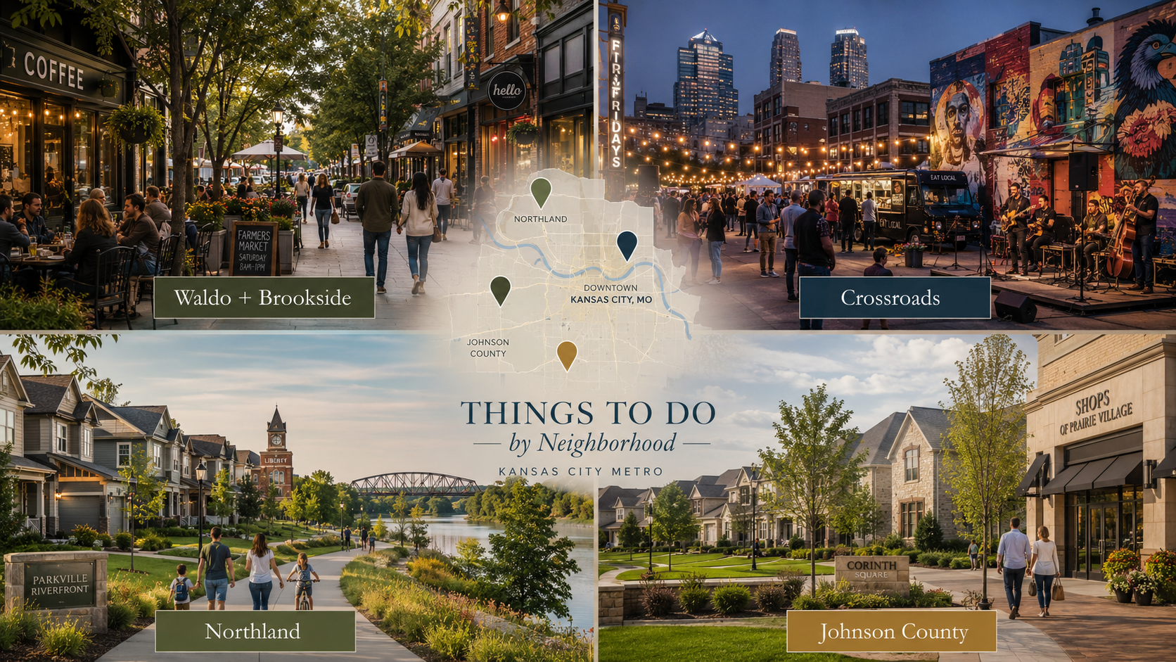 Kansas City neighborhood lifestyle guide featuring Waldo and Brookside cafés, Crossroads Arts District events, Northland parks and homes, and Johnson County shopping and suburbs.