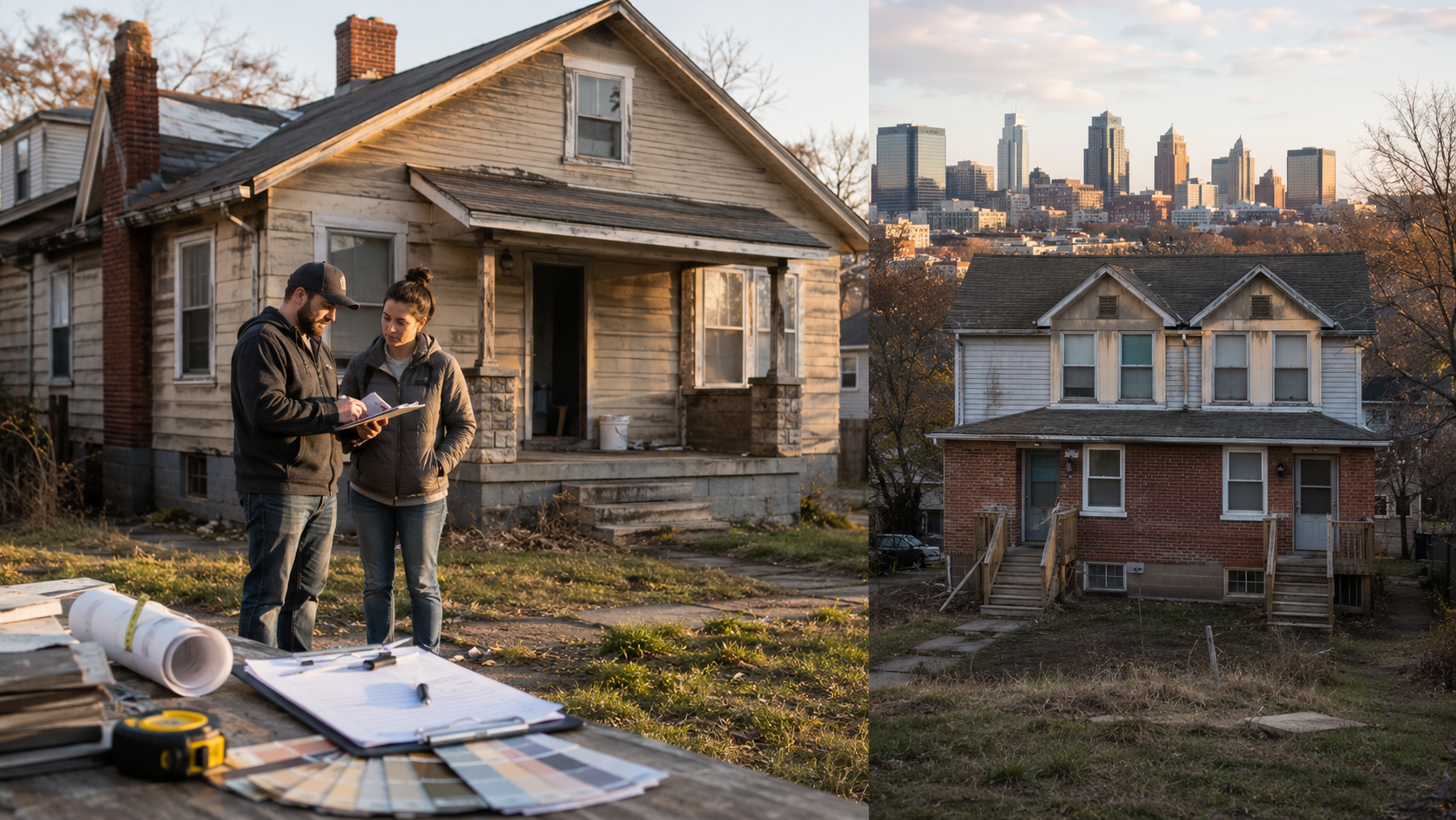 Kansas City real estate investors reviewing renovation plans outside a distressed single-family home, with an older duplex and downtown skyline in the background. Kansas City real estate investors reviewing renovation plans outside a distressed single-family home, with an older duplex and downtown skyline in the background.