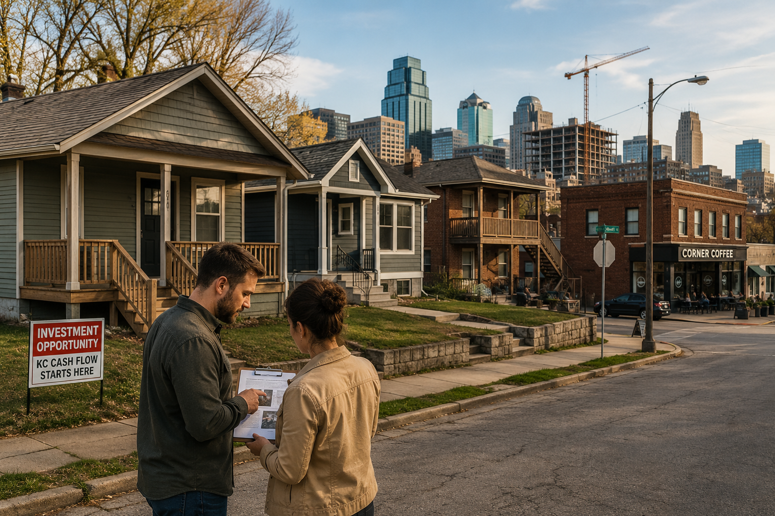 Kansas City real estate investors reviewing property documents on a neighborhood street with affordable homes, a duplex, local coffee shop, construction activity, and the downtown skyline. Kansas City real estate investors reviewing property documents on a neighborhood street with affordable homes, a duplex, local coffee shop, construction activity, and the downtown skyline.