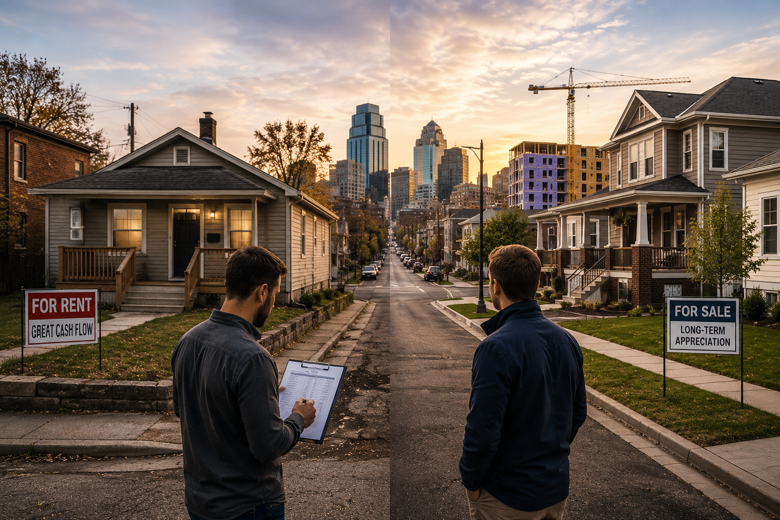 Kansas City real estate investors comparing an affordable cash-flow rental with a renovated appreciation-focused property near downtown redevelopment. Kansas City real estate investors comparing an affordable cash-flow rental with a renovated appreciation-focused property near downtown redevelopment.