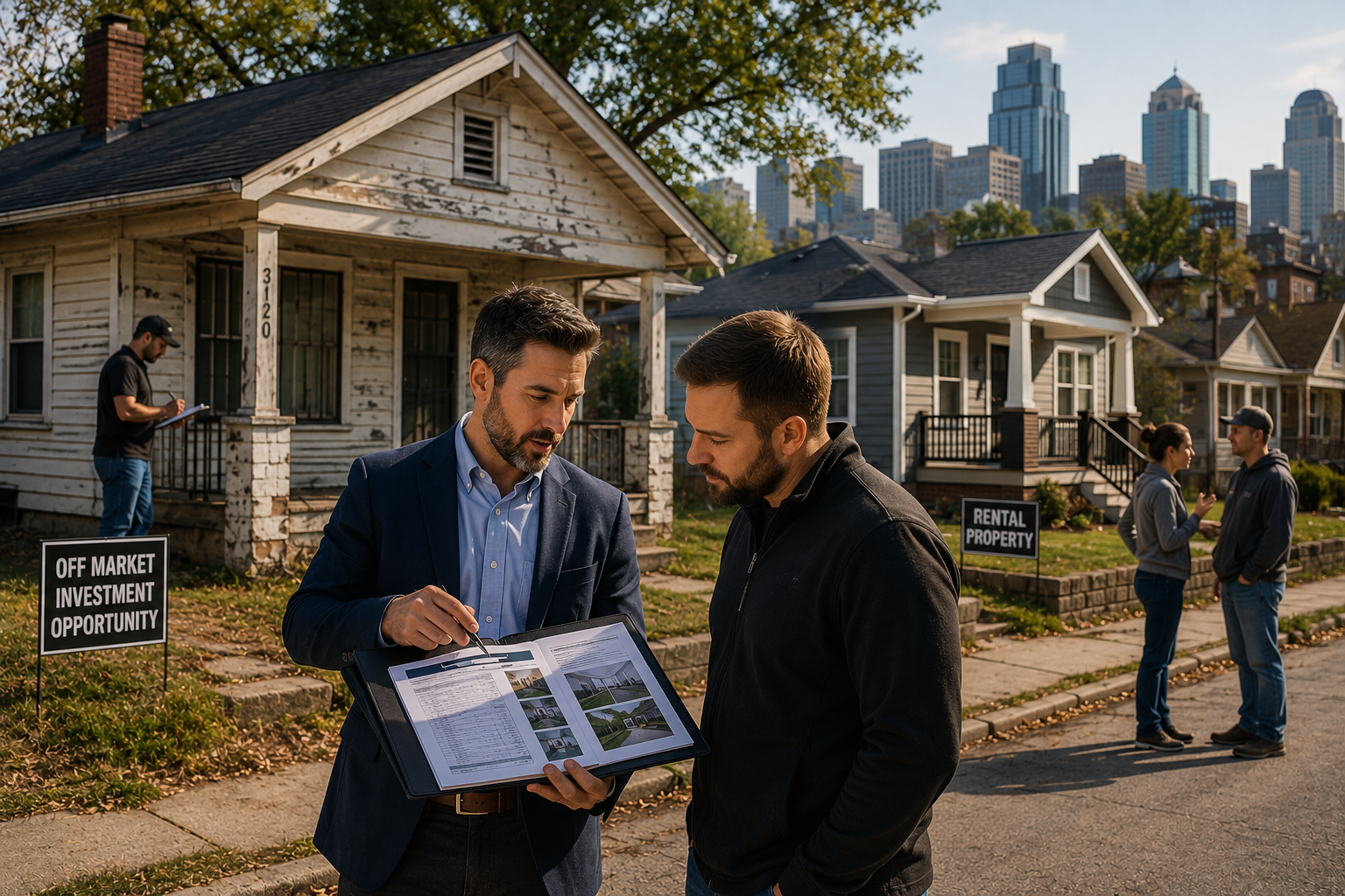 Kansas City real estate agent reviewing off-market investment property numbers with an investor outside a distressed bungalow while a contractor inspects the home. Kansas City real estate agent reviewing off-market investment property numbers with an investor outside a distressed bungalow while a contractor inspects the home.