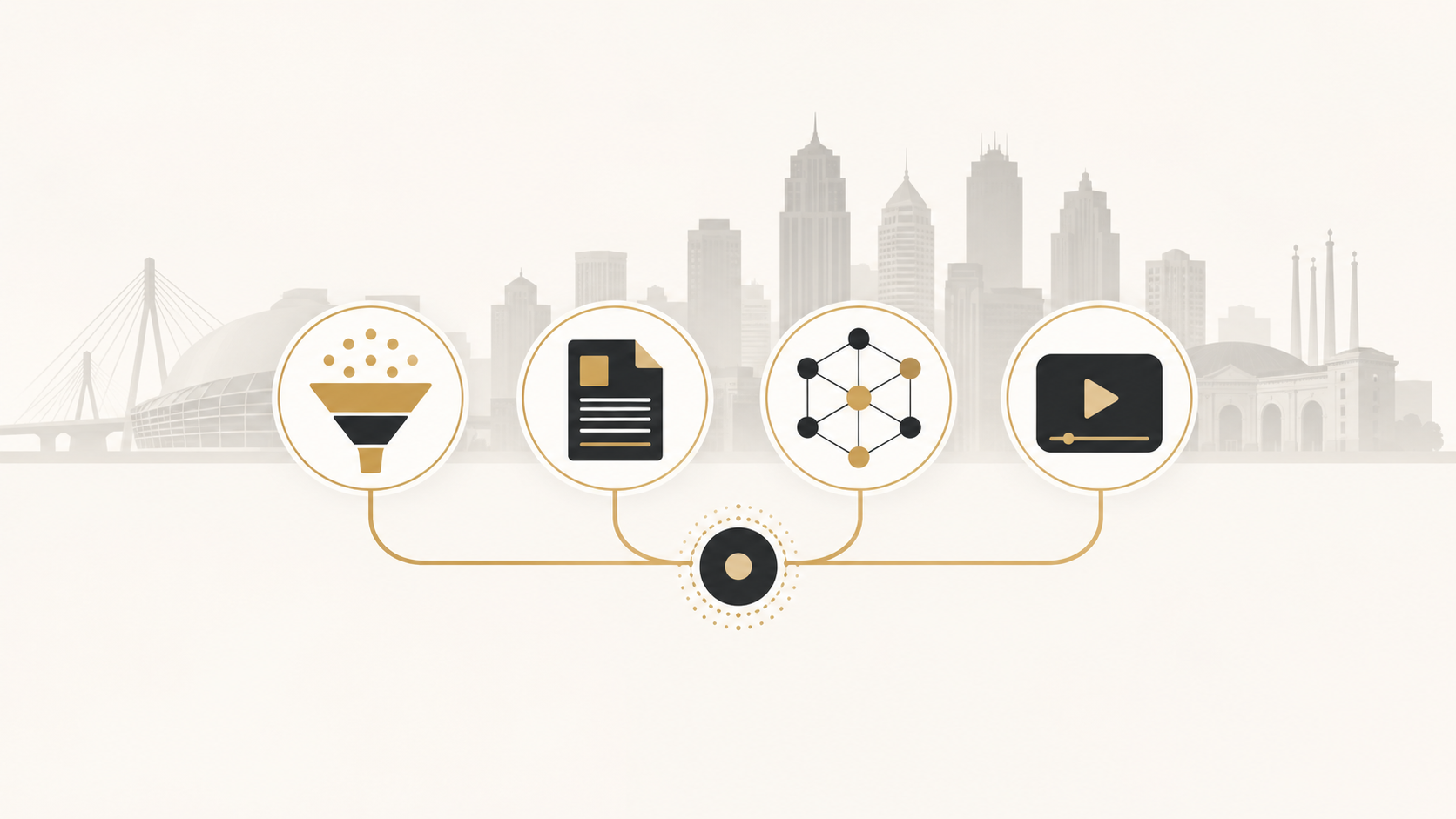 Clean modern vector illustration showing a connected marketing system with funnel, document, AI network, and video play icons feeding into a central hub over a subtle Kansas City skyline..png Clean modern vector illustration showing a connected marketing system with funnel, document, AI network, and video play icons feeding into a central hub over a subtle Kansas City skyline..png