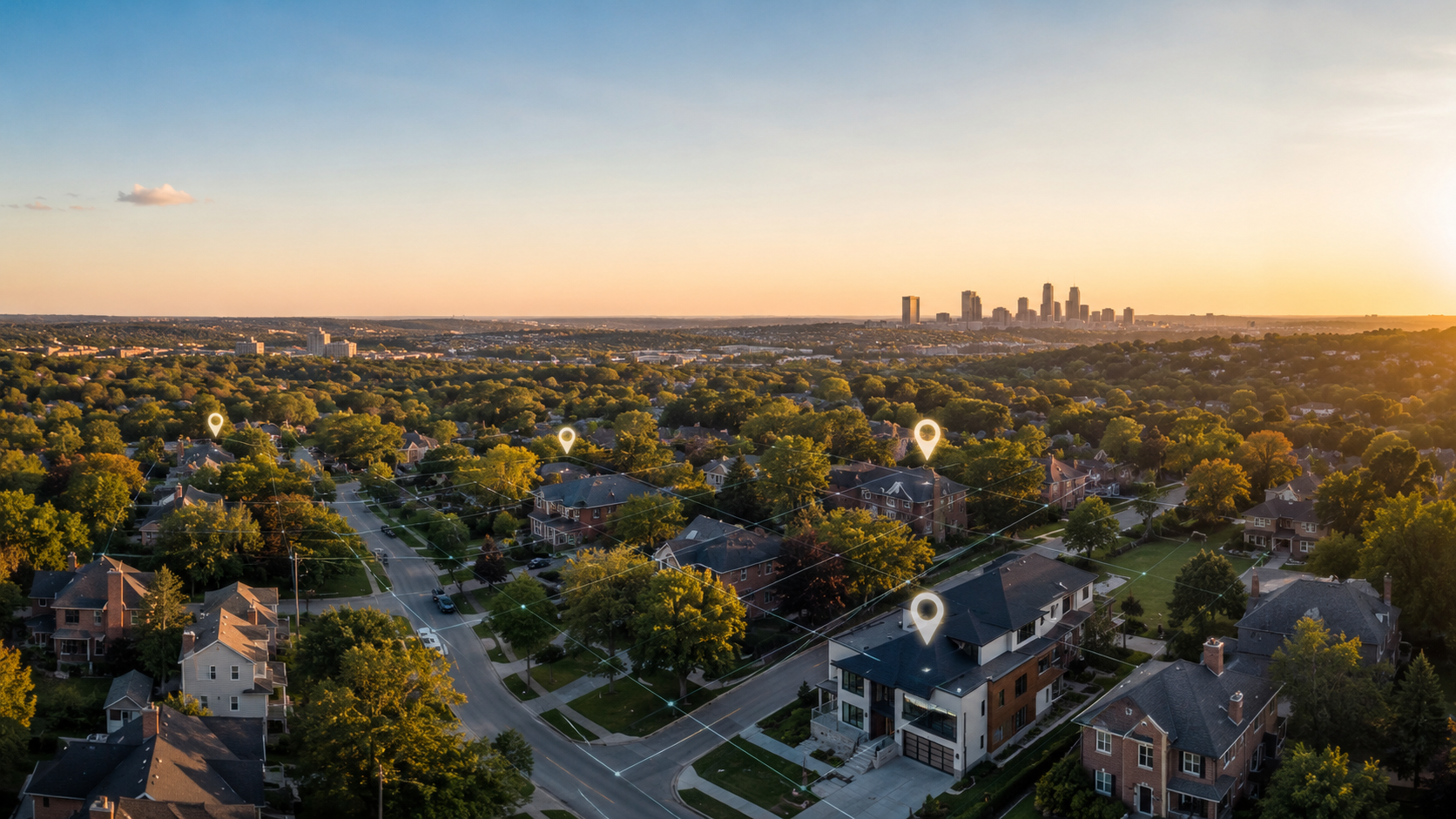Aerial view of a Kansas City neighborhood at golden hour with tree-lined streets, mixed-style homes, downtown skyline, and subtle digital location pins highlighting targeted properties..png Aerial view of a Kansas City neighborhood at golden hour with tree-lined streets, mixed-style homes, downtown skyline, and subtle digital location pins highlighting targeted properties..png