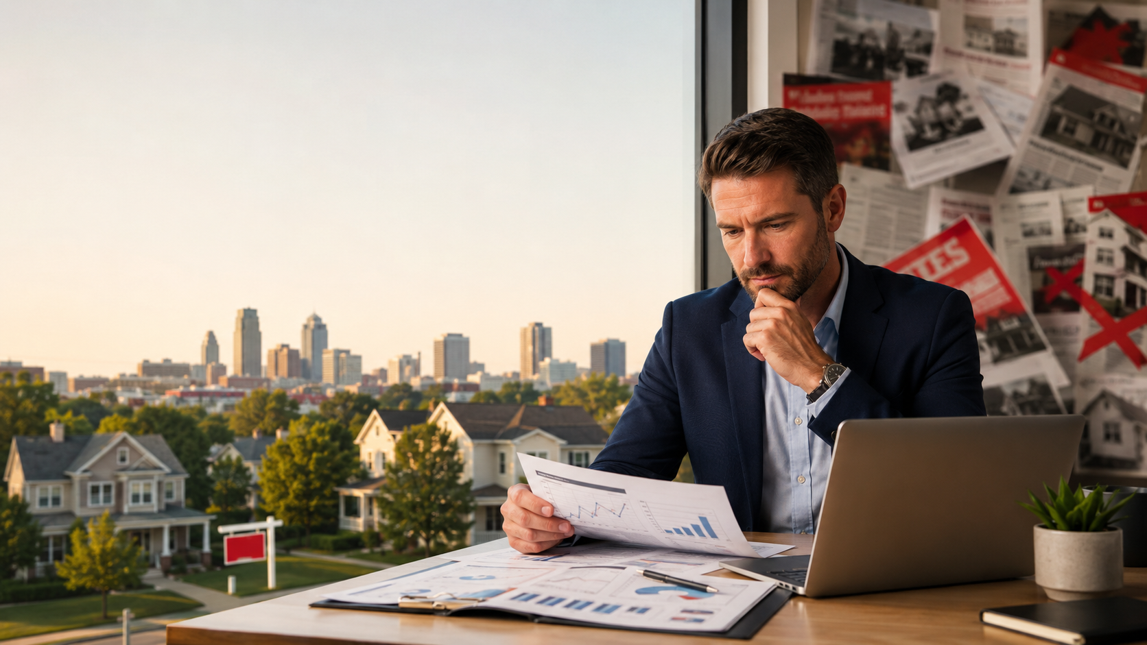 Kansas City real estate professional reviewing local housing market data while foreclosure headlines fade into the background, highlighting stable neighborhood conditions and city skyline views.