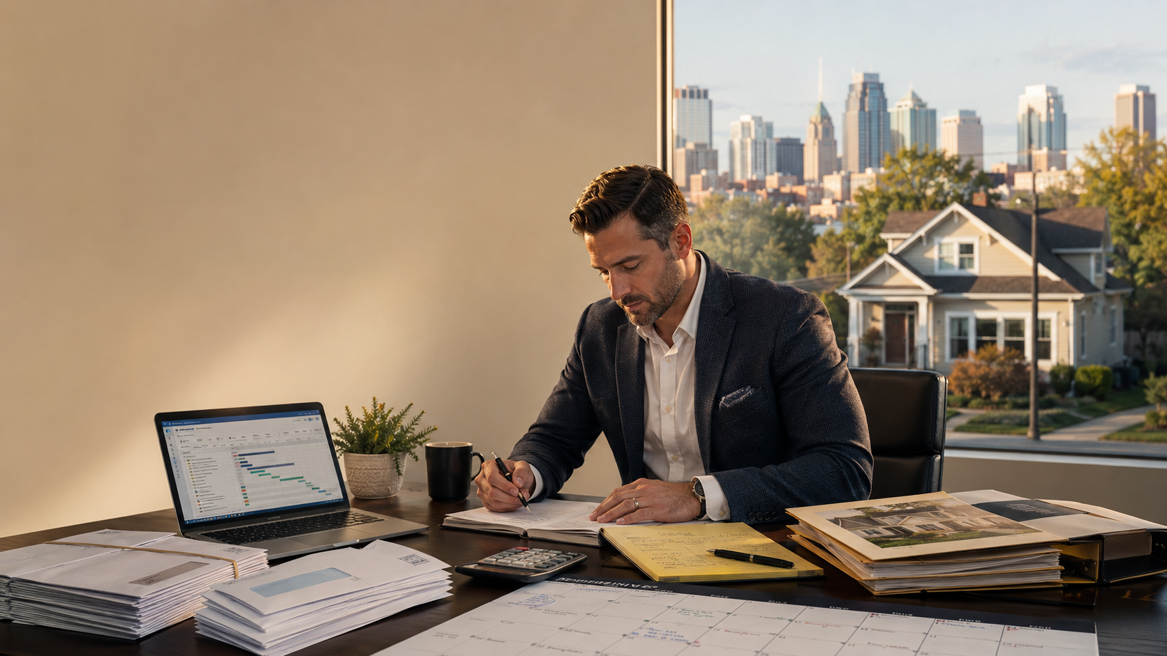 Kansas City real estate professional reviewing distressed property leads, direct mail, and follow-up plans with the city skyline behind him.