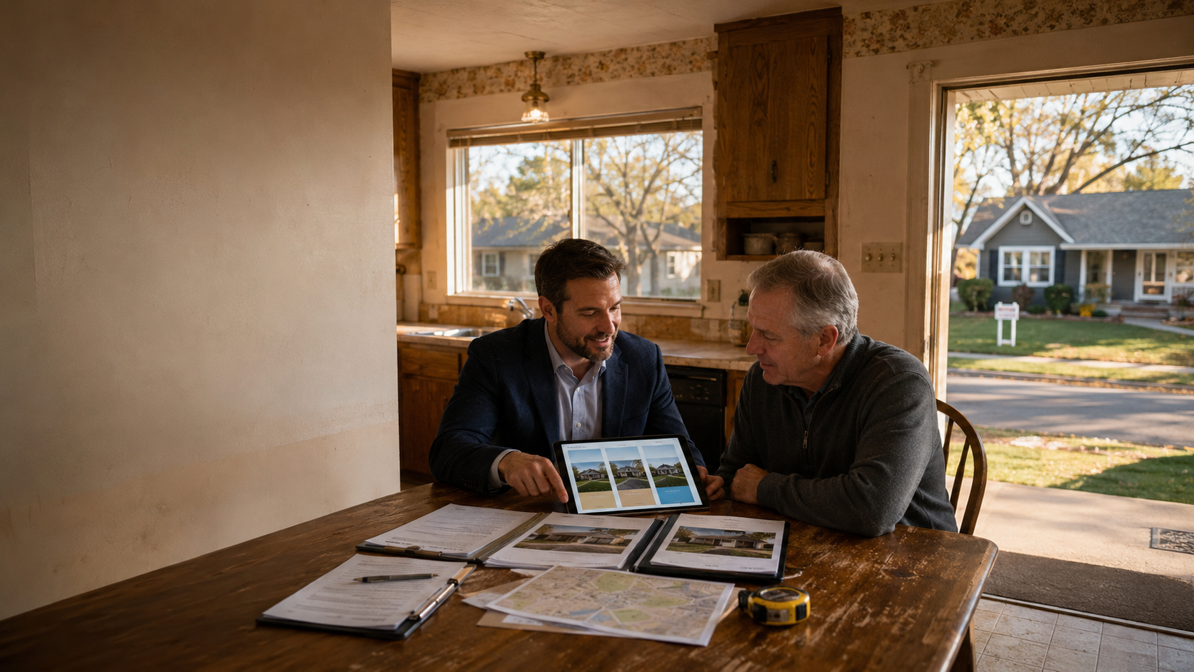 Kansas City real estate professional reviewing cash offer, as-is listing, and renovation options with a homeowner inside a dated suburban property.