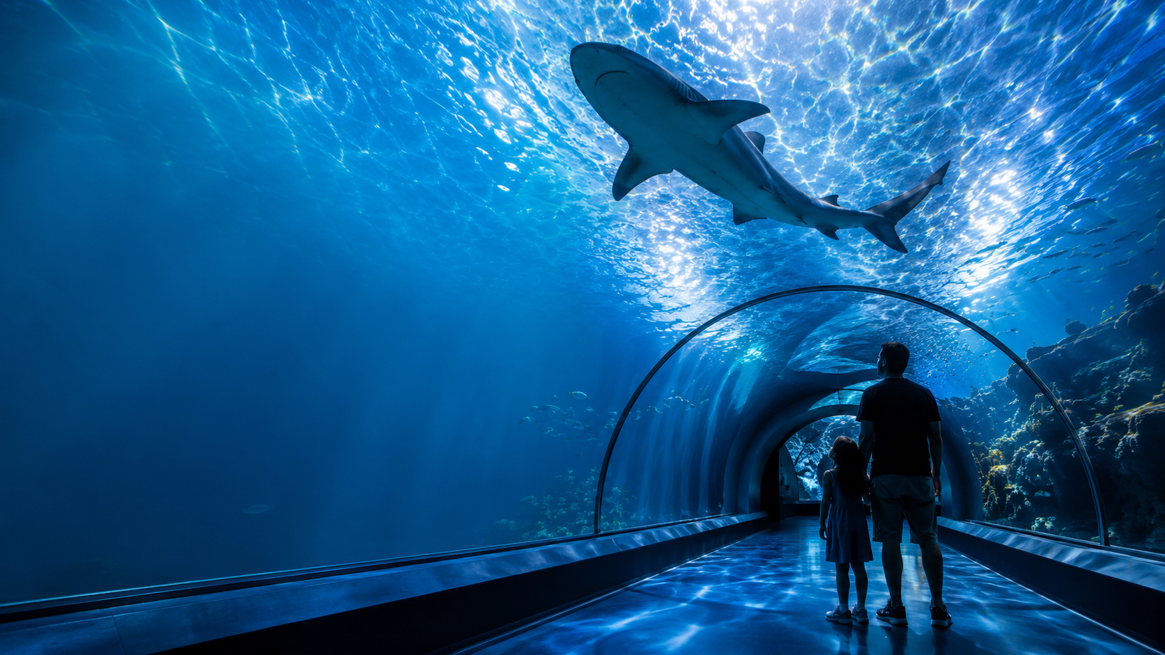 Photorealistic aquarium tunnel with a shark swimming overhead as a parent and child look up beneath rippling blue underwater light..png Photorealistic aquarium tunnel with a shark swimming overhead as a parent and child look up beneath rippling blue underwater light..png