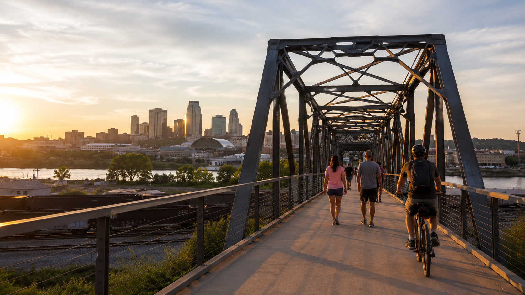 Pedestrians and a cyclist cross a modern steel bridge over railroad tracks toward Kansas City’s riverfront at sunset, with the skyline glowing in warm golden light..png Pedestrians and a cyclist cross a modern steel bridge over railroad tracks toward Kansas City’s riverfront at sunset, with the skyline glowing in warm golden light..png
