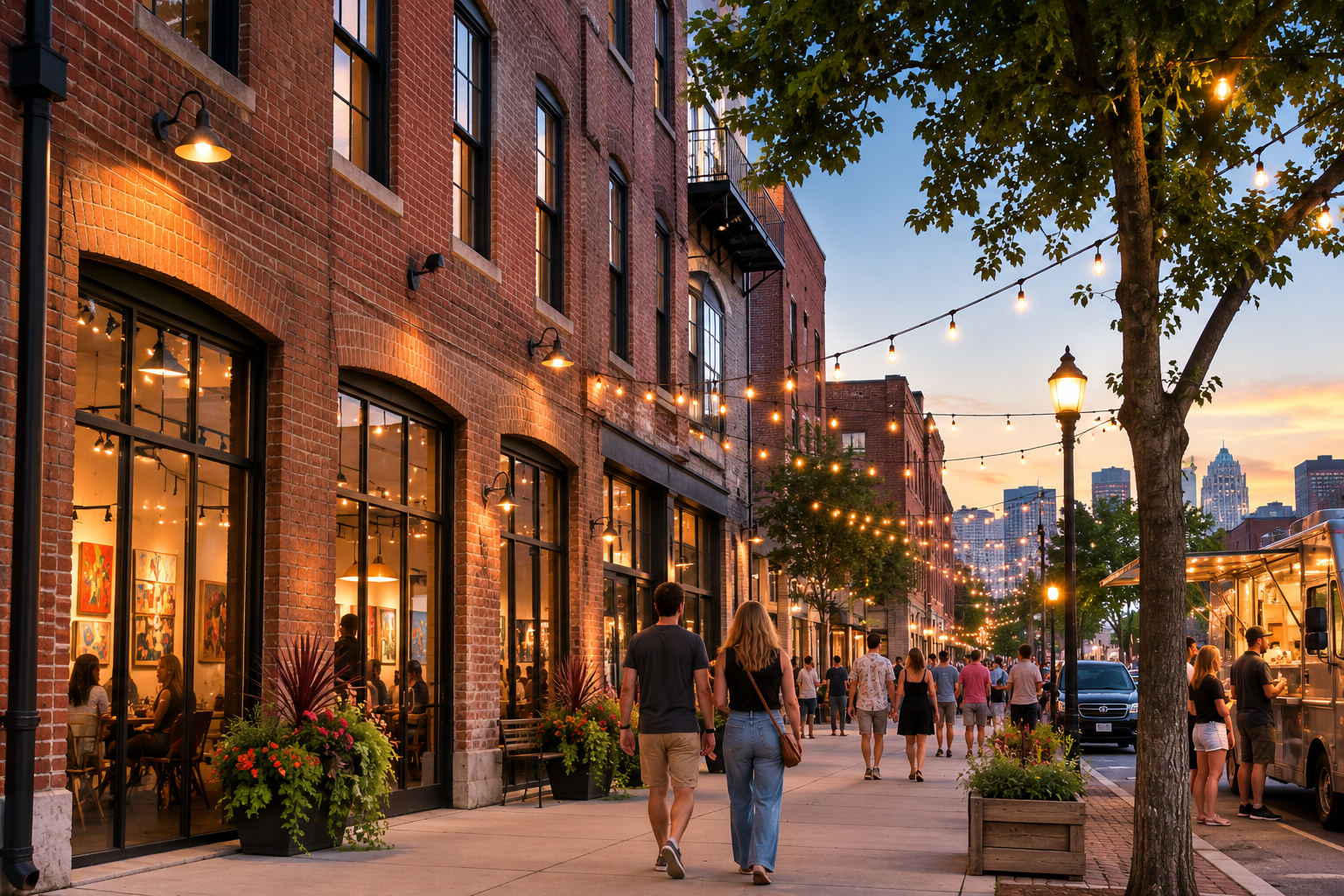 Historic brick warehouse arts district at sunset with tall storefront windows, overhead string lights, pedestrians, a curbside food truck, and warm summer evening ambiance..png Historic brick warehouse arts district at sunset with tall storefront windows, overhead string lights, pedestrians, a curbside food truck, and warm summer evening ambiance..png