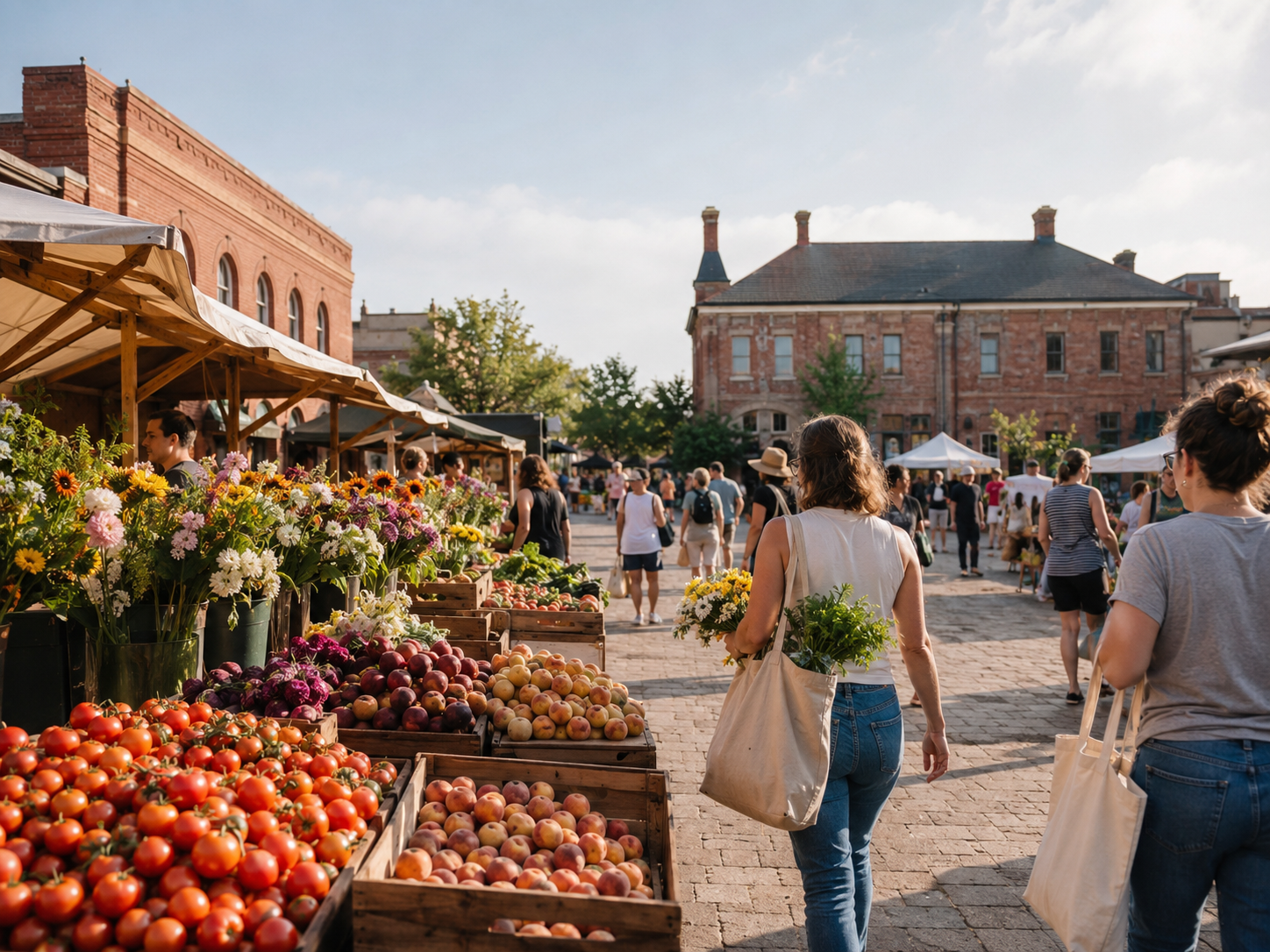 Saturday morning farmers market with wooden stalls overflowing with tomatoes, peaches, and fresh-cut flowers as shoppers carrying canvas bags browse a historic brick market square. Saturday morning farmers market with wooden stalls overflowing with tomatoes, peaches, and fresh-cut flowers as shoppers carrying canvas bags browse a historic brick market square.