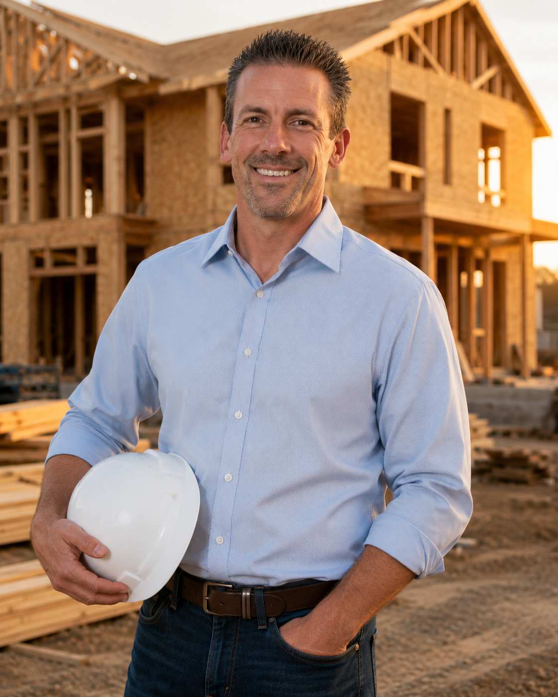 Confident Kansas City real estate professional holding a hard hat at a residential construction site, with a wood-framed home behind him in warm golden-hour light. Confident Kansas City real estate professional holding a hard hat at a residential construction site, with a wood-framed home behind him in warm golden-hour light.