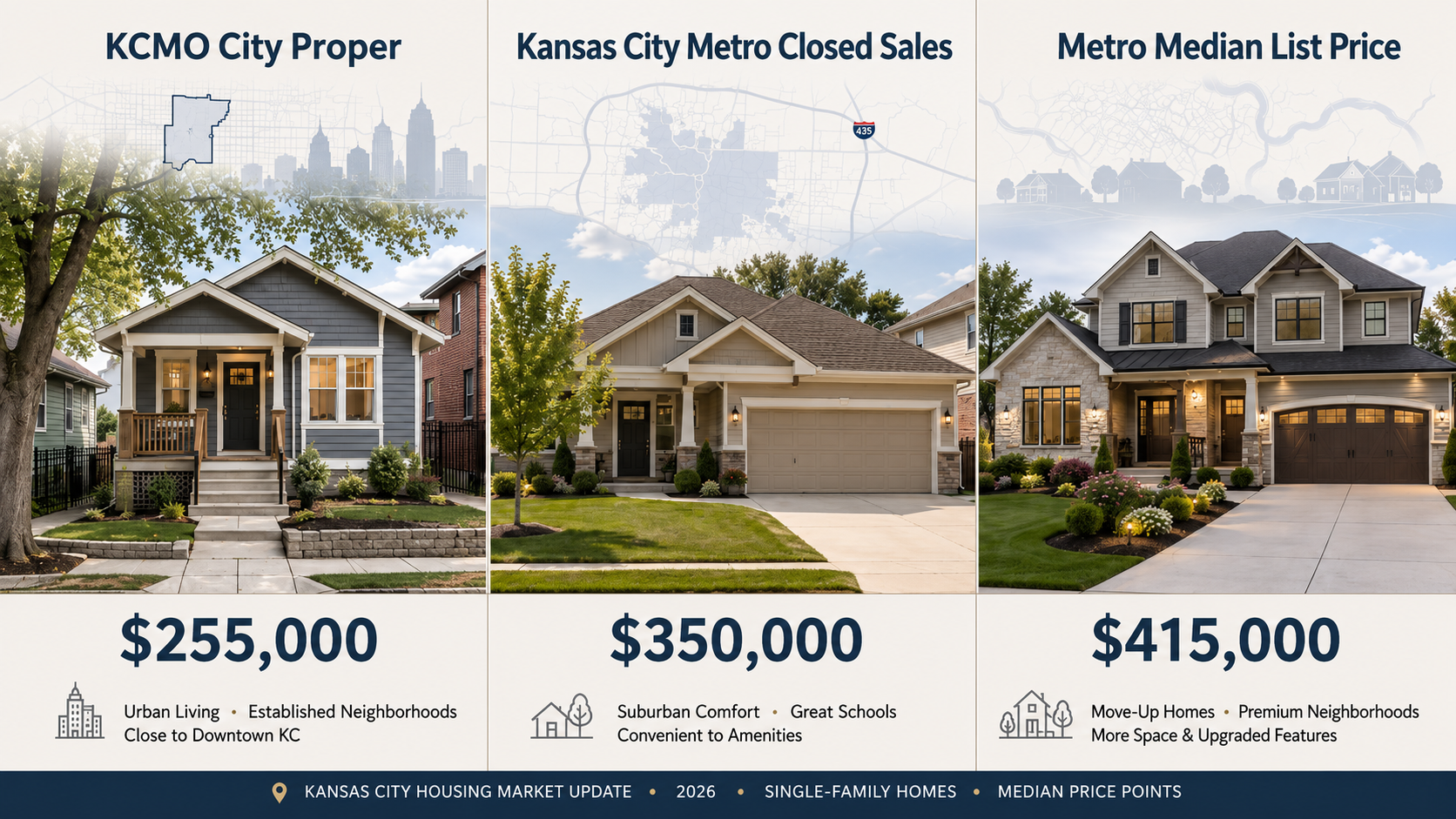 Three-panel visual comparing Kansas City home price tiers in 2026 across city proper, metro closed sales, and metro list prices. Three-panel visual comparing Kansas City home price tiers in 2026 across city proper, metro closed sales, and metro list prices.