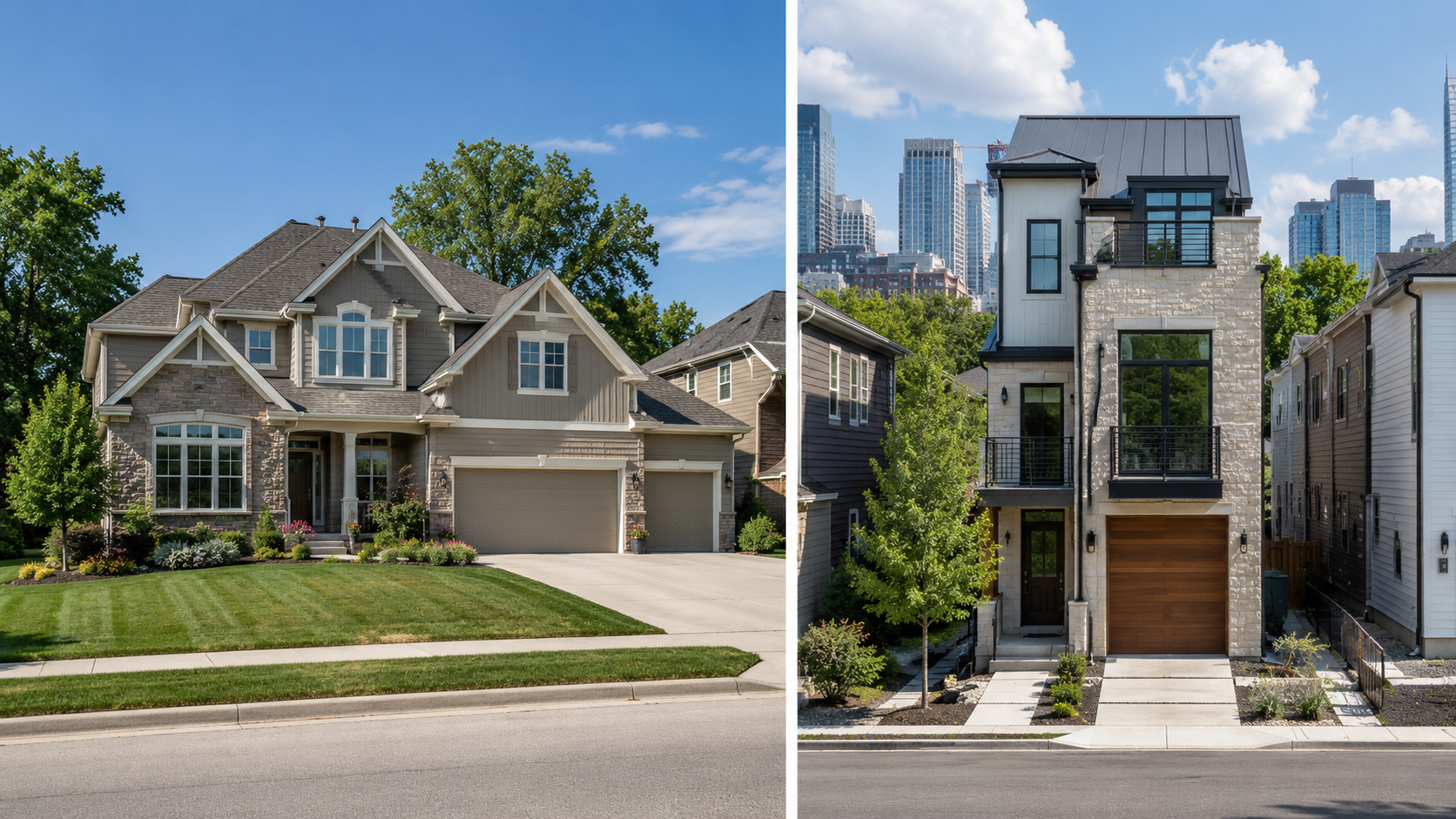 Side-by-side real estate comparison of a Kansas City suburban home and a more expensive Austin-area property in 2026. Side-by-side real estate comparison of a Kansas City suburban home and a more expensive Austin-area property in 2026.