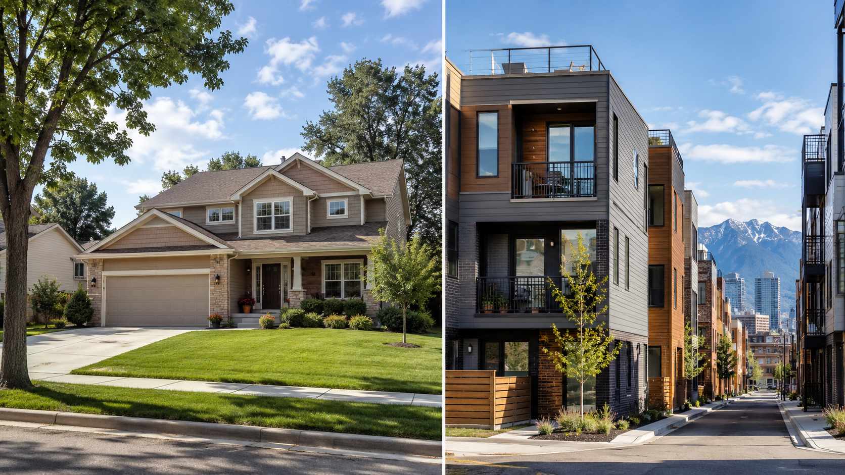 Split-screen comparison of a spacious Kansas City home and a smaller Denver property at a similar $400,000 budget in 2026. Split-screen comparison of a spacious Kansas City home and a smaller Denver property at a similar $400,000 budget in 2026.