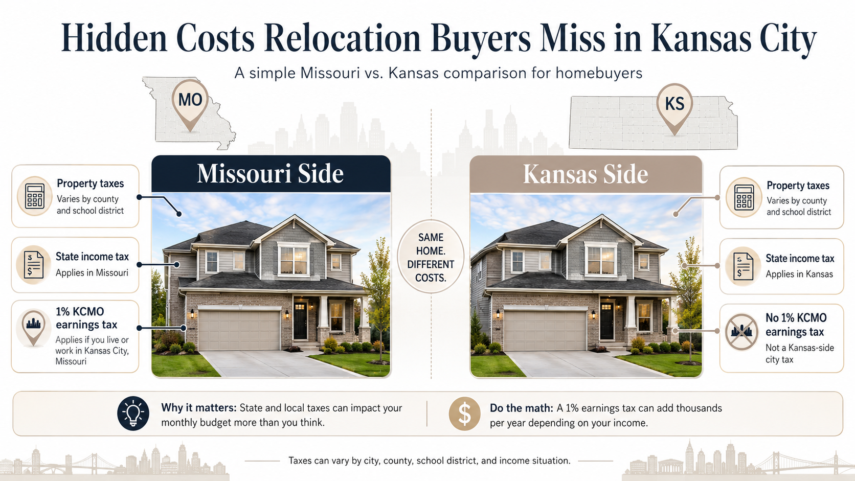 Infographic comparing Missouri and Kansas housing-related taxes and the Kansas City earnings tax for relocation buyers. Infographic comparing Missouri and Kansas housing-related taxes and the Kansas City earnings tax for relocation buyers.