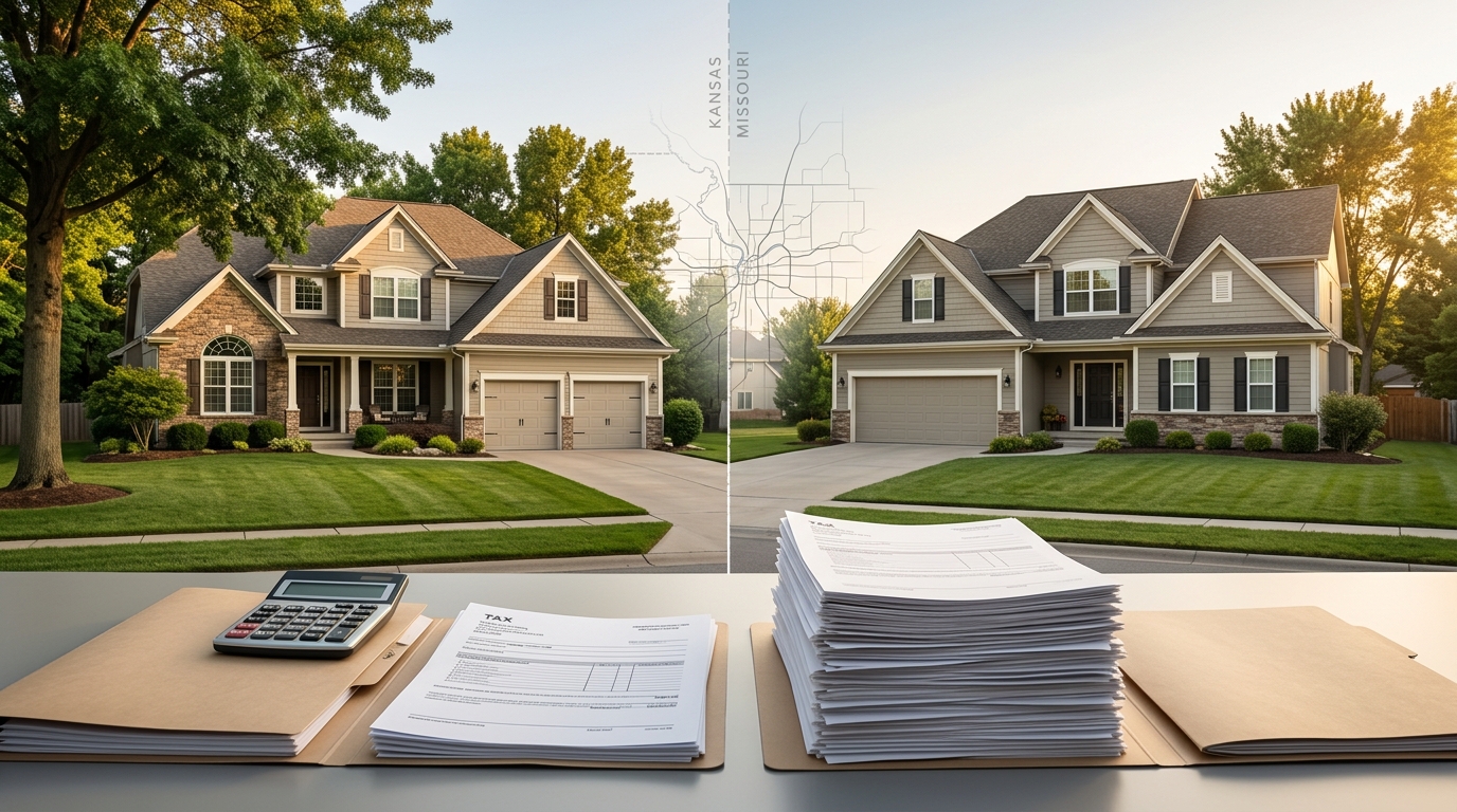 Two similarly priced Kansas City homes in different taxing districts illustrating differences in Kansas City property taxes in 2026. Two similarly priced Kansas City homes in different taxing districts illustrating differences in Kansas City property taxes in 2026.
