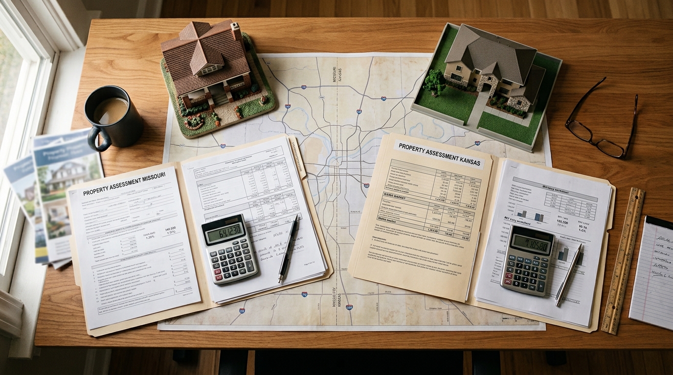 Missouri and Kansas property-assessment documents illustrating how the two states calculate Kansas City property taxes differently. Missouri and Kansas property-assessment documents illustrating how the two states calculate Kansas City property taxes differently.