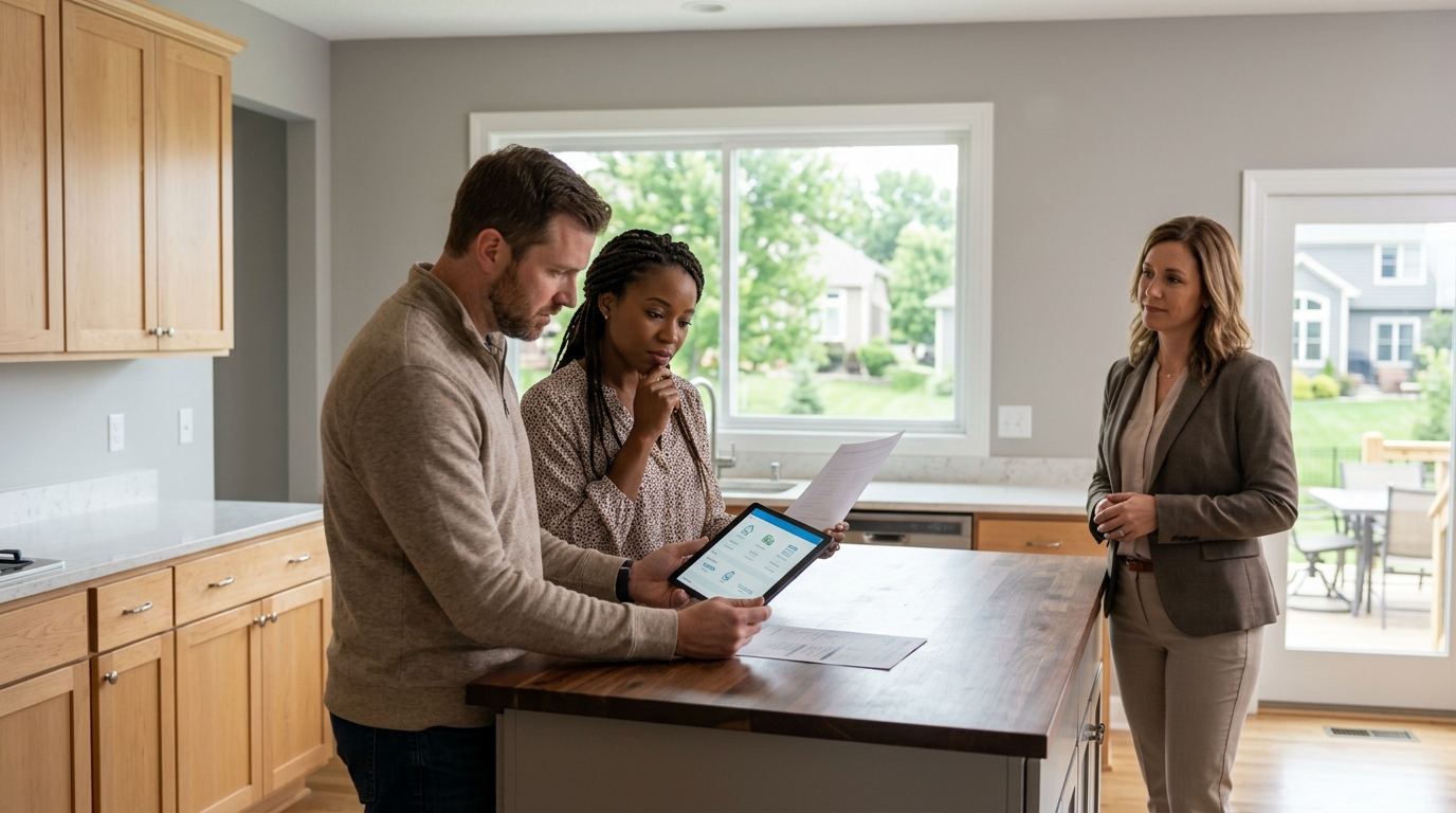 Kansas City homebuyers reviewing a projected monthly mortgage payment that includes property taxes and insurance. Kansas City homebuyers reviewing a projected monthly mortgage payment that includes property taxes and insurance.