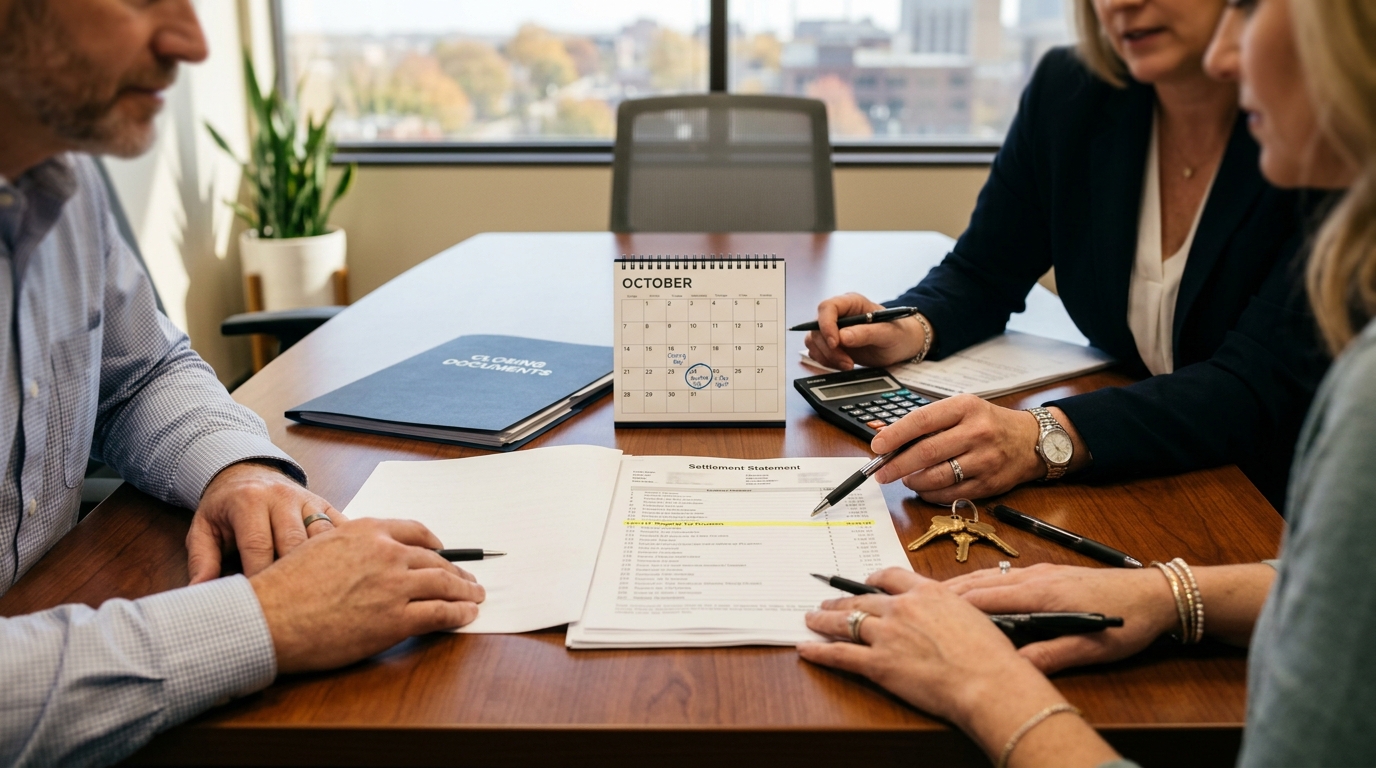 Buyer and seller reviewing property-tax proration documents during a Kansas City real estate closing. Buyer and seller reviewing property-tax proration documents during a Kansas City real estate closing.