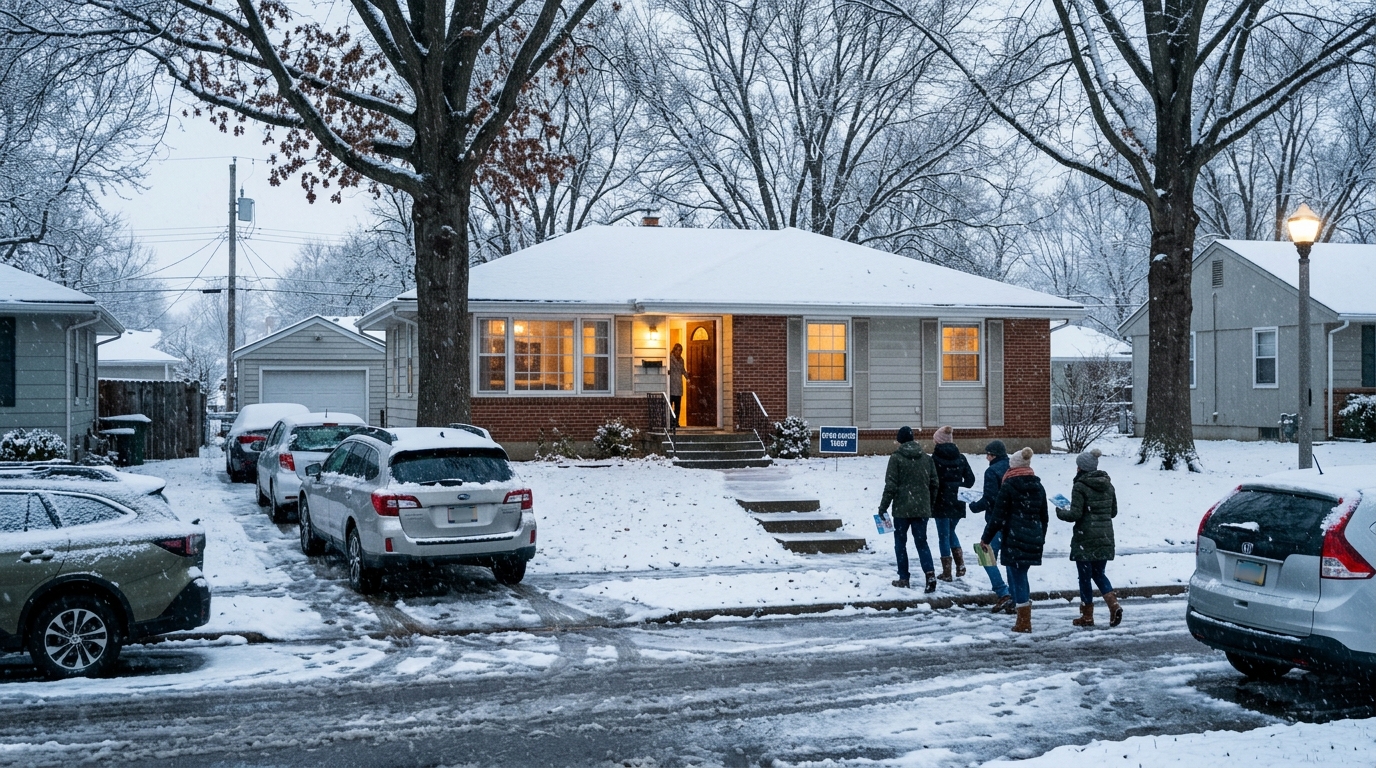Buyers arriving at a Northland Kansas City open house during a snowstorm for an older home sold as-is. Buyers arriving at a Northland Kansas City open house during a snowstorm for an older home sold as-is.